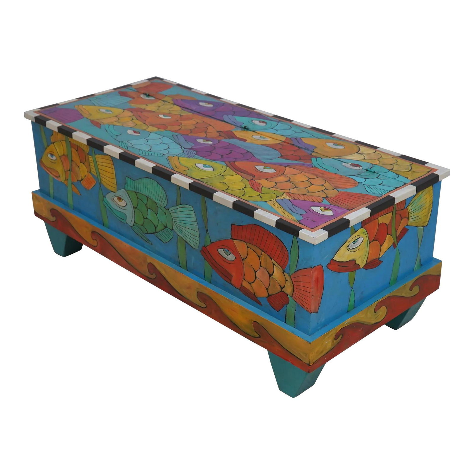 Artist Signed Hand Painted Fish Motif Blanket Chest 47x21x19.5 Wood: Artist Signed Hand Painted Fish Motif Blanket Chest 47x21x19.5 Wood This stunning blanket chest features a unique hand-painted design showcasing vibrant colors and a charming fish motif. Artist signed