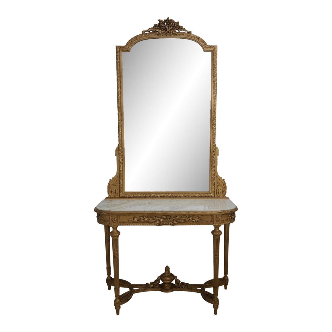 Vintage Louis XVI Gold Console Table with Marble Top and Mirror 47.5w x 18.5d x 35h: Vintage Louis XVI Gold Console Table with Marble Top and Mirror 47.5w x 18.5d x 35h This exquisite Vintage French Louis XVI Console Table is a stunning addition to any home decor. Crafted circa the 19