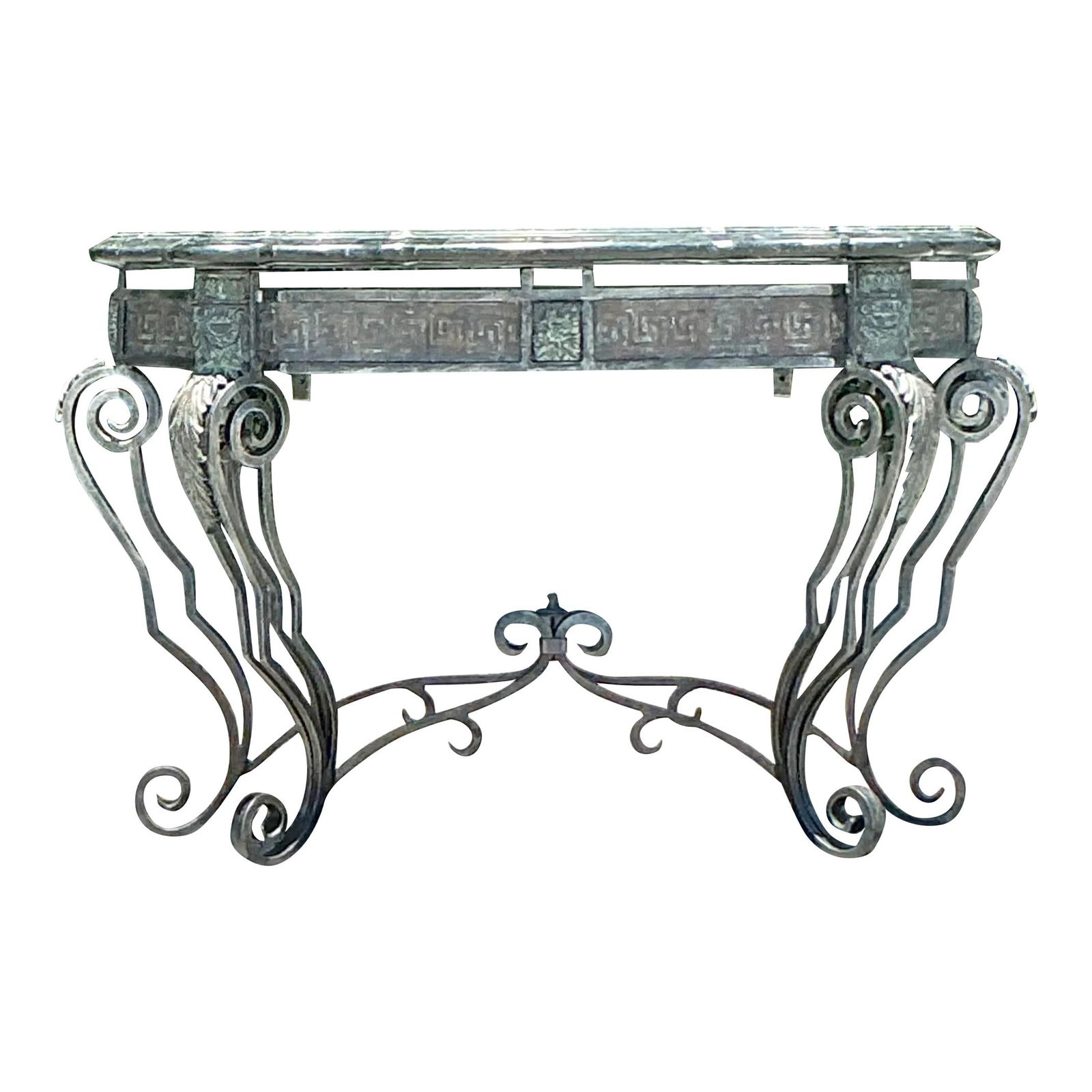 Vintage Coastal Maitland Smith Greek Key Console Table Gray Metal Stone: Vintage Coastal Maitland Smith Greek Key Console Table Gray Metal Stone Enhance your home with the Vintage Coastal Maitland Smith Greek Key Console Table, a stunning piece that embodies coastal elegan
