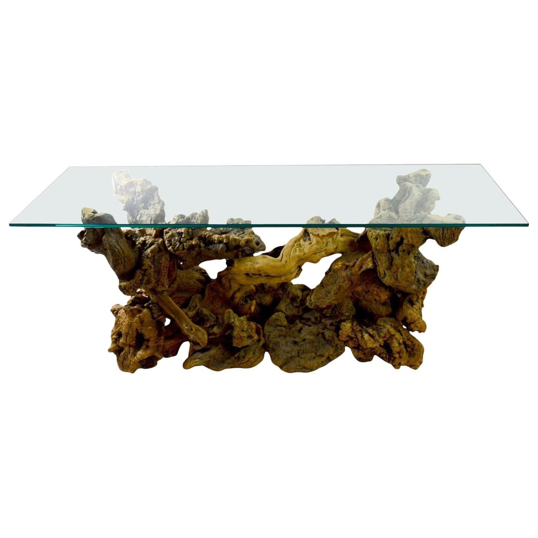 1960s Organic Modern Burlwood Console Table with Glass Top 48 x 15 x 24: 1960s Organic Modern Burlwood Console Table with Glass Top 48 x 15 x 24 This stunning console table features a fantastic burl root base complemented by a thick plate glass top, measuring 0.50 inches i