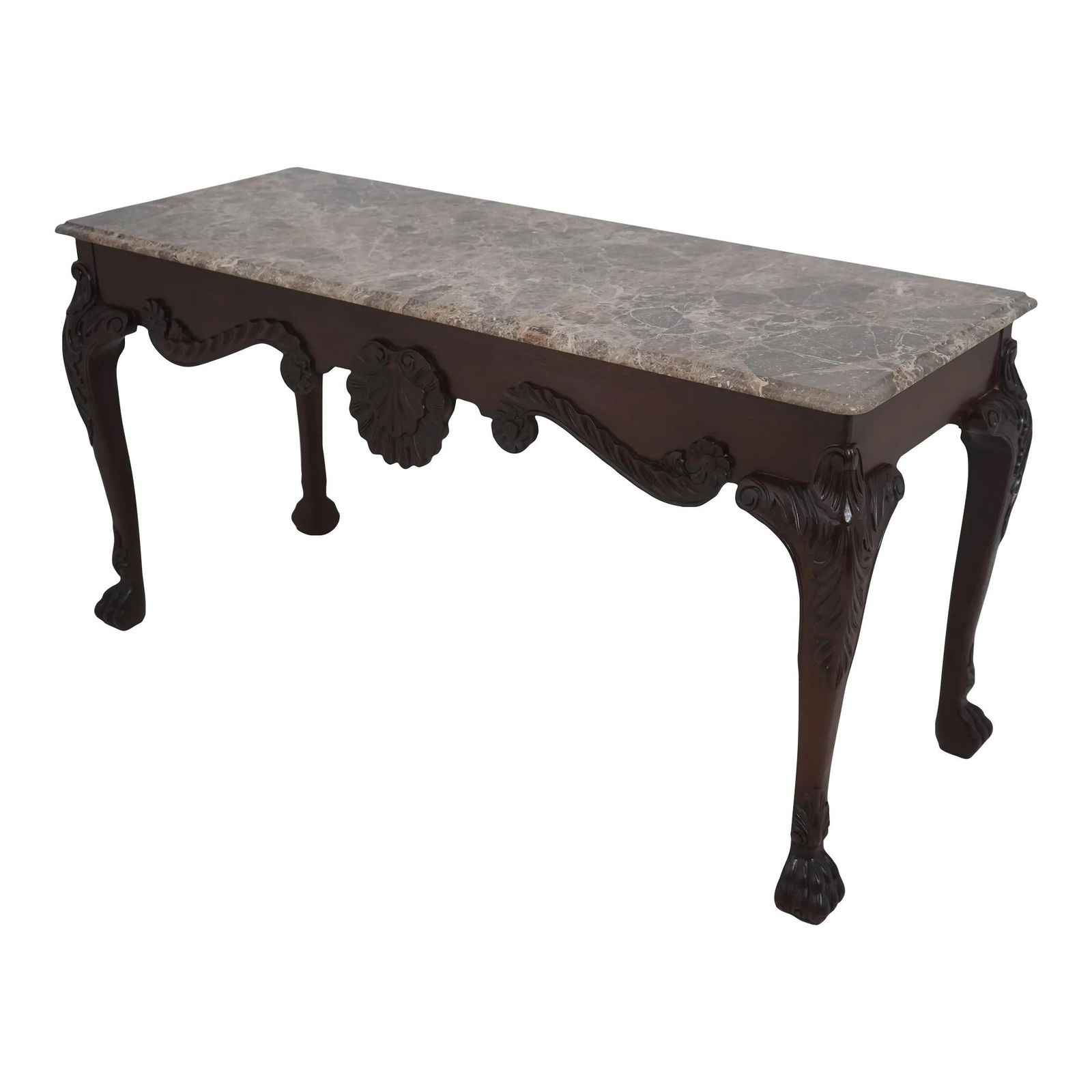 Baker Chippendale Style Mahogany Console Table 58x22x30: Baker Chippendale Style Mahogany Console Table 58x22x30 This exquisite Baker Marble Top Paw Foot Mahogany Console Table showcases a beautiful reddish mahogany finish and intricate carved details, refl