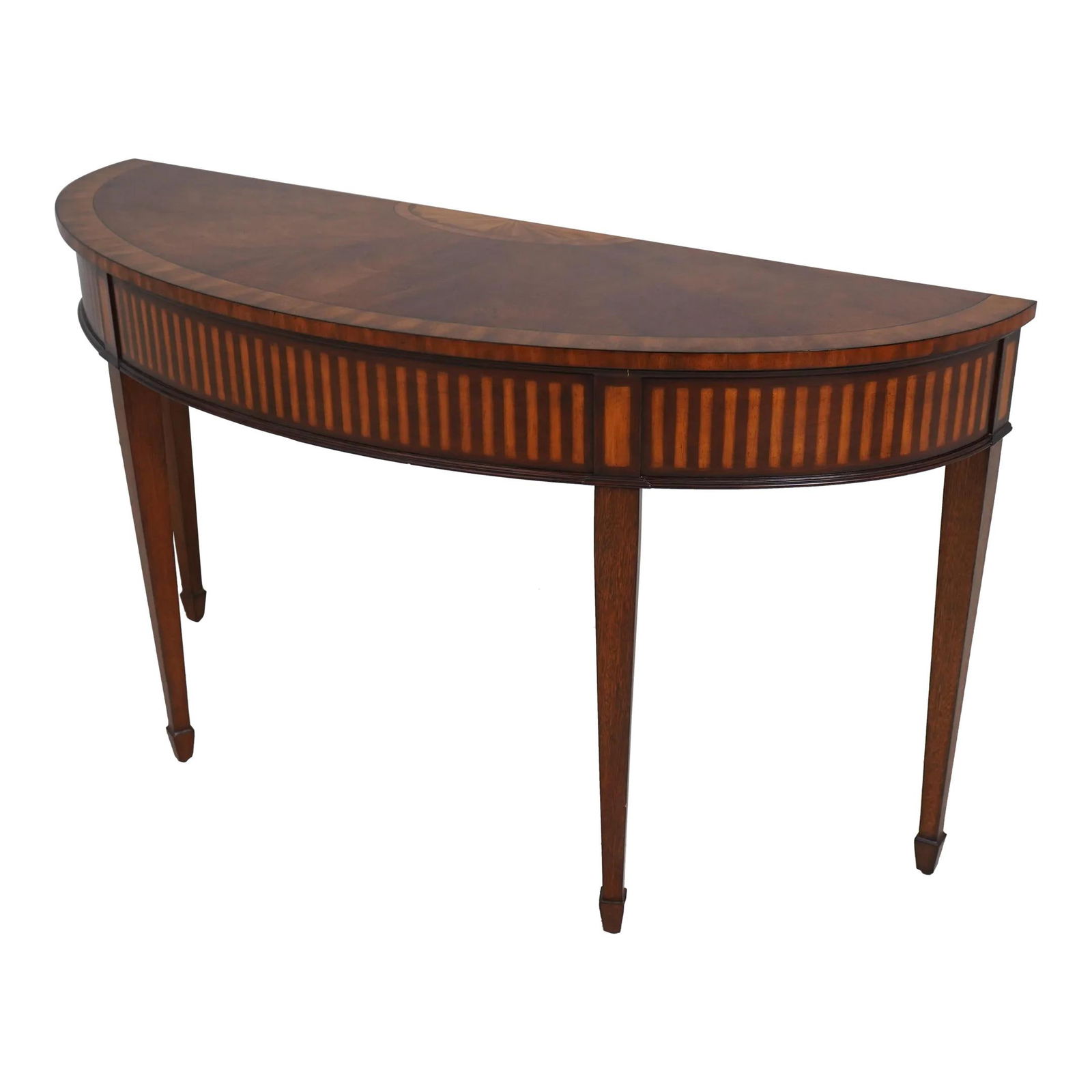 Ethan Allen Federal Inlaid Mahogany Console Table 56x19x31.5: Ethan Allen Federal Inlaid Mahogany Console Table 56x19x31.5 This Ethan Allen Federal Inlaid Mahogany Console Table features exquisite inlay work and embodies a traditional Federal style. Crafted from