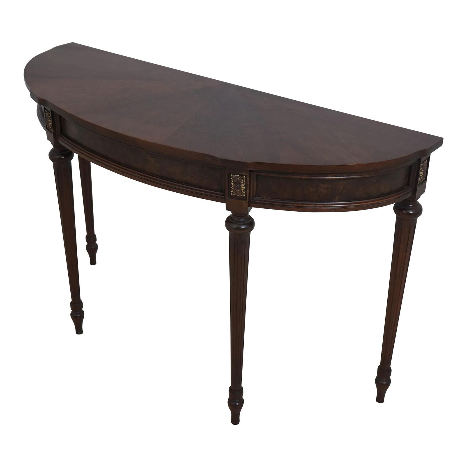 Elegant French Louis XVI Style Burl Walnut Console Table 48.5 x 17.5 x 30.5: Elegant French Louis XVI Style Burl Walnut Console Table 48.5 x 17.5 x 30.5 This exquisite French Louis XVI Style Console Foyer Table is crafted from burl walnut, showcasing quality construction with