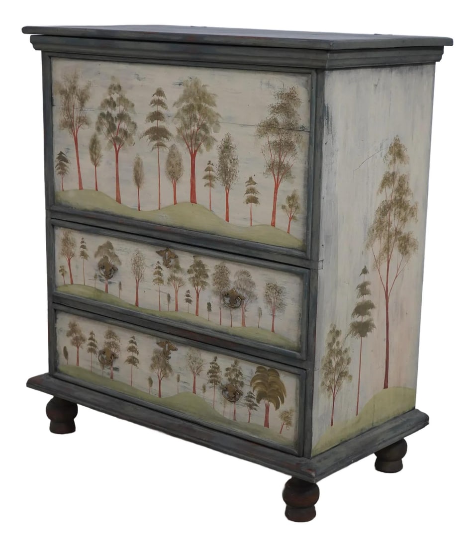 Rufus Porter Inspired Handcrafted Blanket Chest by Liz Hawes 37.5w x 19d x 42h: Rufus Porter Inspired Handcrafted Blanket Chest by Liz Hawes 37.5w x 19d x 42h This hand-crafted blanket chest showcases a stunning folk art design inspired by Rufus Porter. Made around 2006, it featu