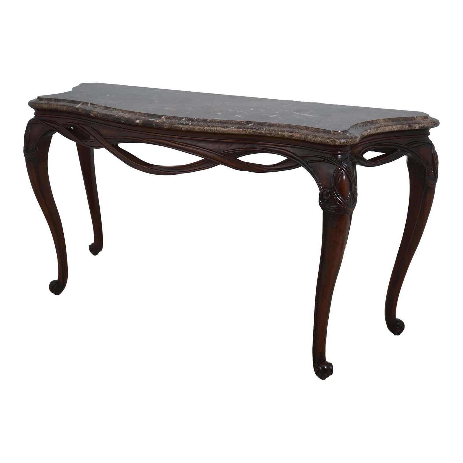 Henredon Art Nouveau Console Table Mahogany Base Marble Top 73x26x38.5: Henredon Art Nouveau Console Table Mahogany Base Marble Top 73x26x38.5 This stunning Henredon console table showcases the elegance of French Art Nouveau design, featuring a high-quality mahogany base