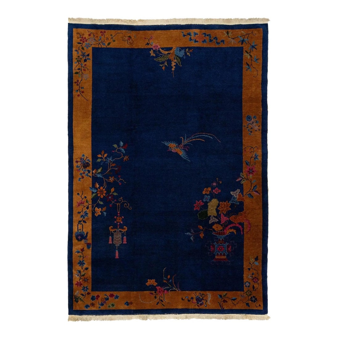 Antique Chinese Art Deco Wool Rug 6'1" x 8'10" Blue Floral Design: Antique Chinese Art Deco Wool Rug 6'1" x 8'10" Blue Floral Design This exquisite antique Chinese Art Deco rug is a stunning addition to any space. Hand-knotted from premium wool, it showcases a rich n