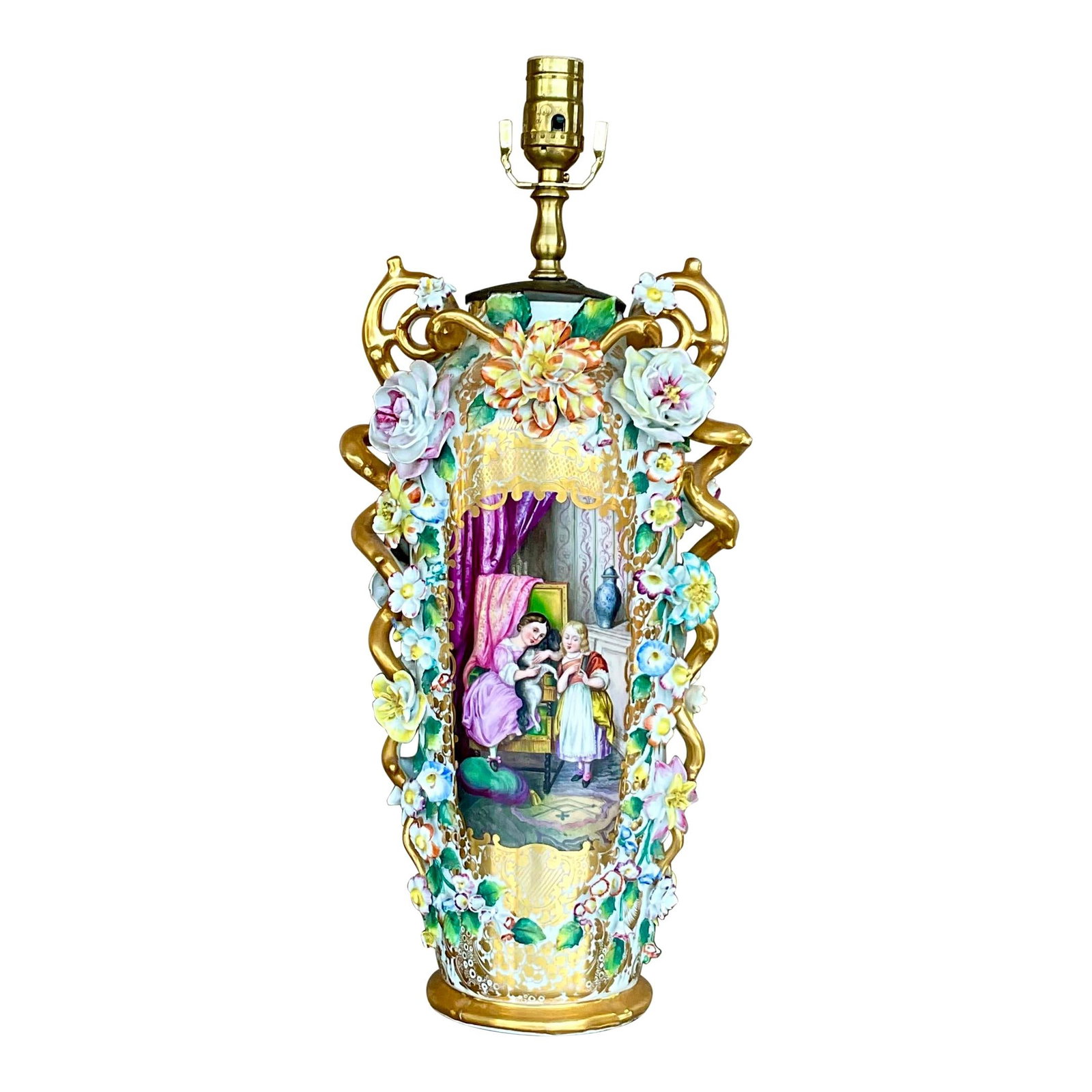 Vintage Italian Capodimonte Porcelain Table Lamp: Vintage Italian Capodimonte Porcelain Table Lamp Incredible vintage Italian porcelain Capodimonte lamp. Magnificent jewel tone highlighted by bright gilt touches. Acquired from a Palm. Each estate. Th