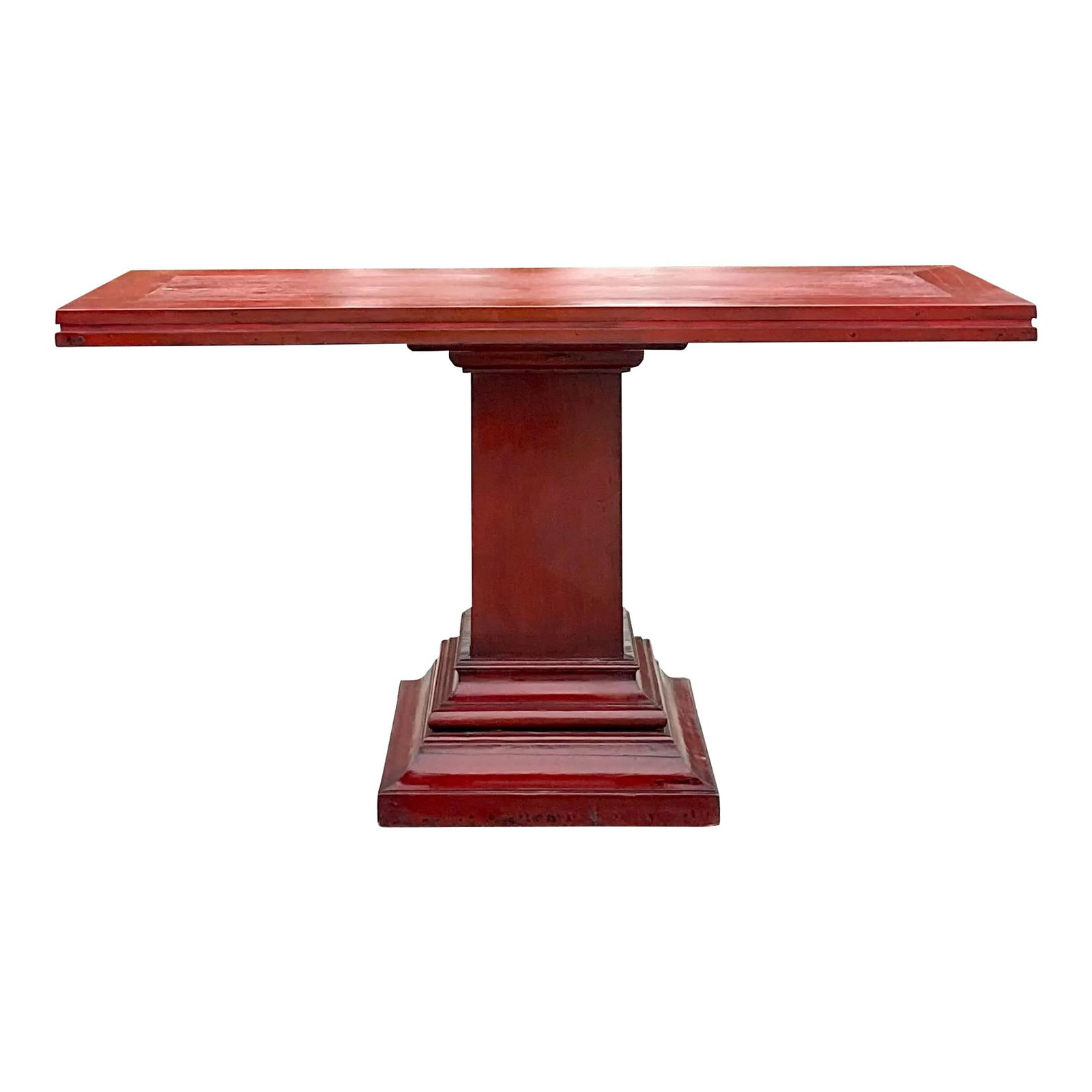 Vintage Boho Console Table Red Lacquered Wood Millwork Design: Vintage Boho Console Table Red Lacquered Wood Millwork Design This stunning late 20th century vintage Boho console table features a striking deep red lacquered finish complemented by an exquisite stac