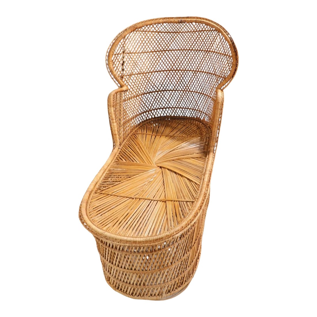 Emanuelle Peacock Vintage Wicker Chaise Lounge 50 x 23 x 41.5 Tan: Emanuelle Peacock Vintage Wicker Chaise Lounge 50 x 23 x 41.5 Tan Chic, voguish, vintage woven wicker chaise lounge, recamier sofa. Part of the classic Emanuelle, Peacock series, the chaise form is le