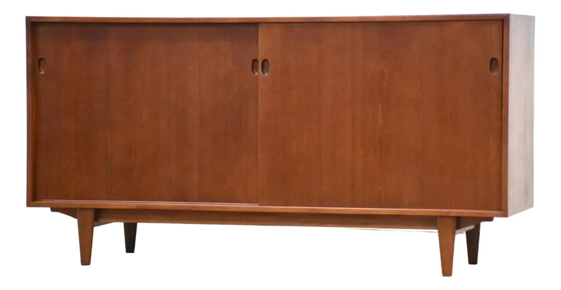 Ib Kofod Larsen Teak Credenza 59 x 30.5 x 18 Mid Century Modern Denmark: Ib Kofod Larsen Teak Credenza 59 x 30.5 x 18 Mid Century Modern Denmark This exquisite mid-century modern teak credenza, designed by Ib Kofod Larsen for Selig, showcases a minimalist aesthetic with tw