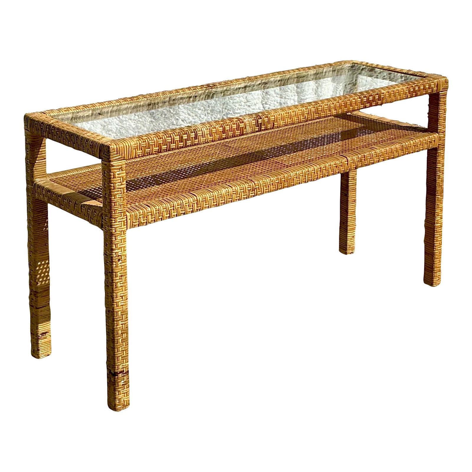 Vintage Coastal Rattan Console Table 52.5" W Beach-Inspired Charm: Vintage Coastal Rattan Console Table 52.5" W Beach-Inspired Charm This vintage coastal console table is crafted from woven rattan, adding natural warmth and texture to your space. Its airy design and