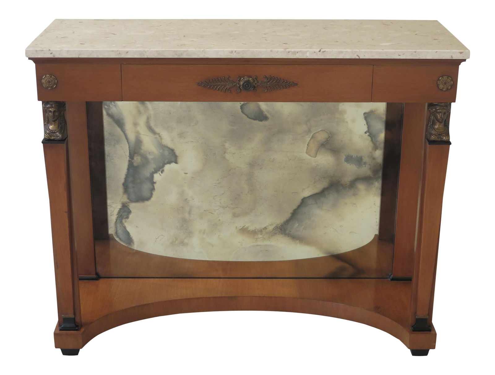 1950s JS Inc French Empire Marble Top Console Table 42 x 15 x 34.5: 1950s JS Inc French Empire Marble Top Console Table 42 x 15 x 34.5 This exquisite 1950s vintage console table features a stunning marble top and elegant French Empire style, showcasing high-quality cr