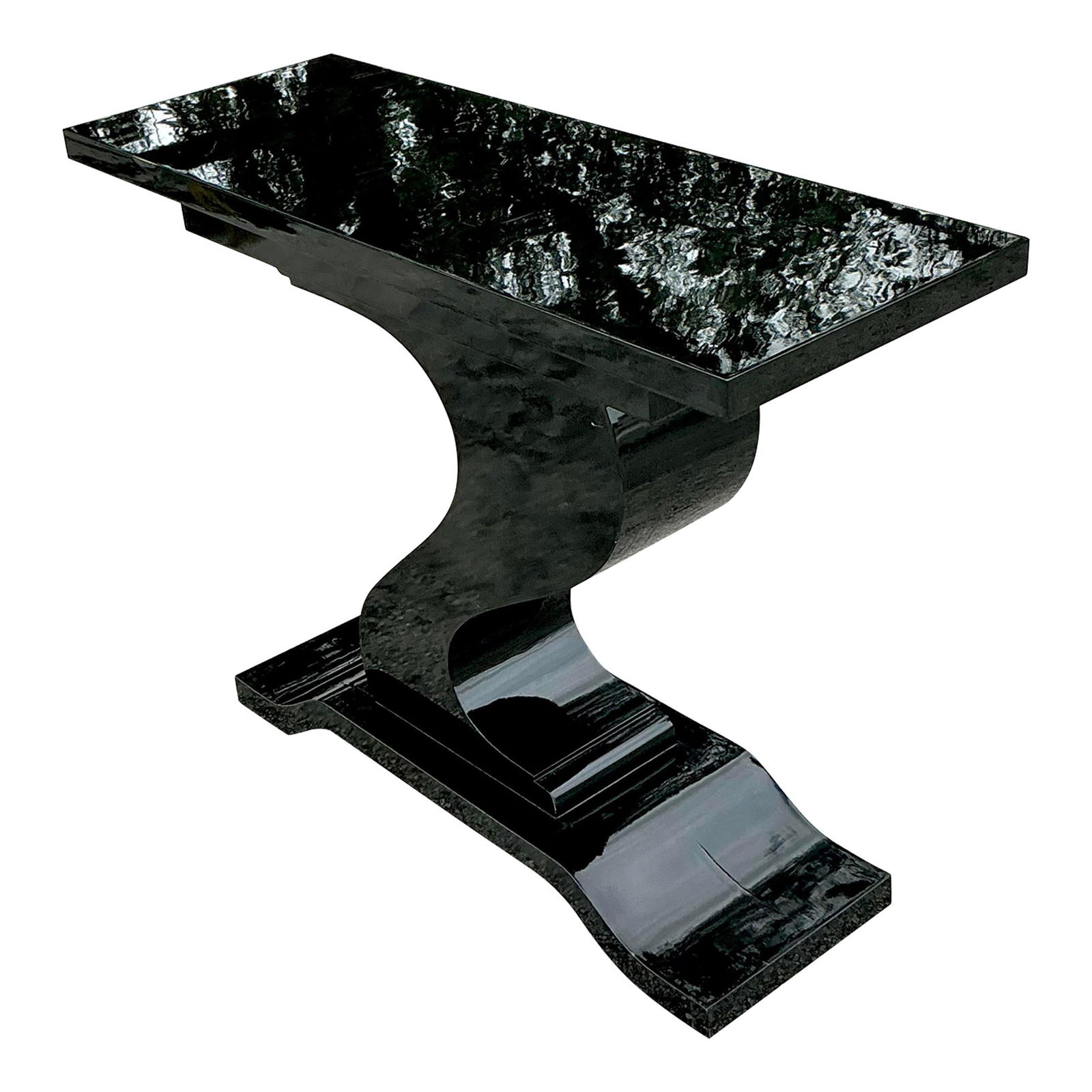 Vintage Postmodern Black Lacquer Console Table Minimalist Design: Vintage Postmodern Black Lacquer Console Table Minimalist Design Enhance your living space with this Vintage Postmodern Black Lacquered Console Table. Showcasing a glossy black lacquer finish and a mi