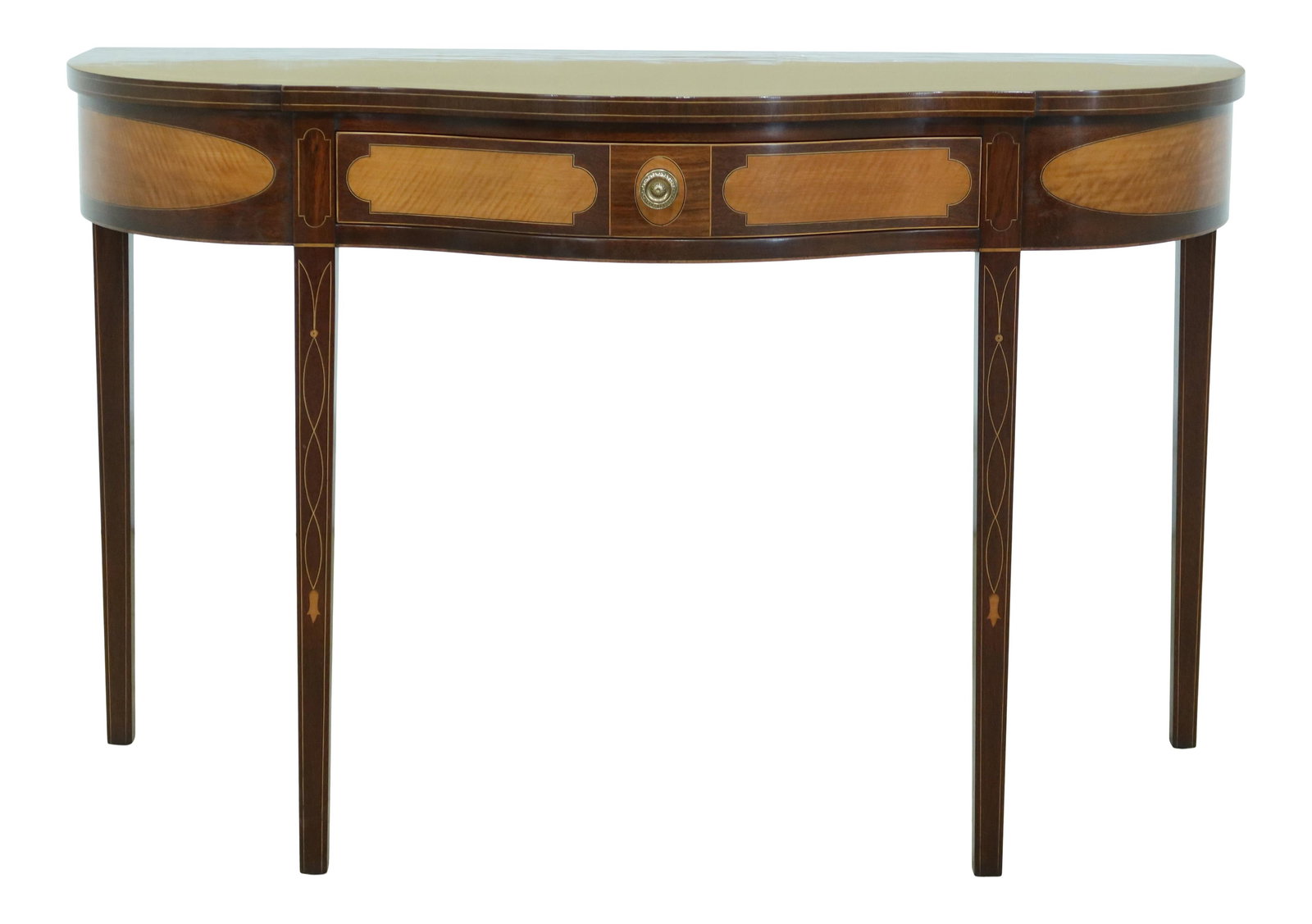 Kindel Winterthur Inlaid Mahogany Console Table 52.5w x 25.5d x 33.5h: Kindel Winterthur Inlaid Mahogany Console Table 52.5w x 25.5d x 33.5h Discover the timeless elegance of the Kindel Winterthur Collection Inlaid Mahogany Console Table, expertly crafted with a rich hig
