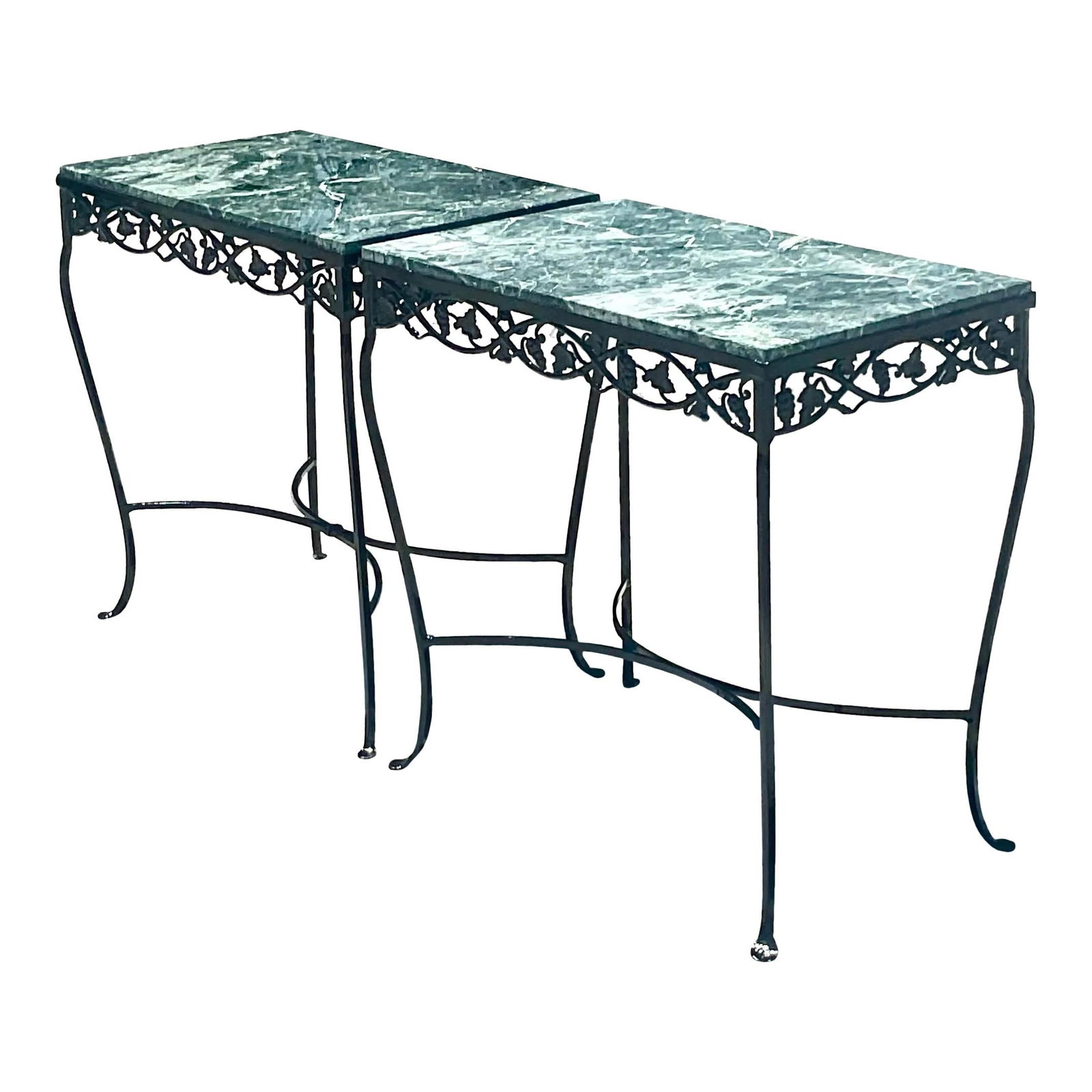 Vintage Regency Floral Wrought Iron Console Tables - Pair: Vintage Regency Floral Wrought Iron Console Tables - Pair This exquisite pair of vintage Regency outdoor console tables showcases beautiful floral wrought iron with elegant inset green marble tops. Re