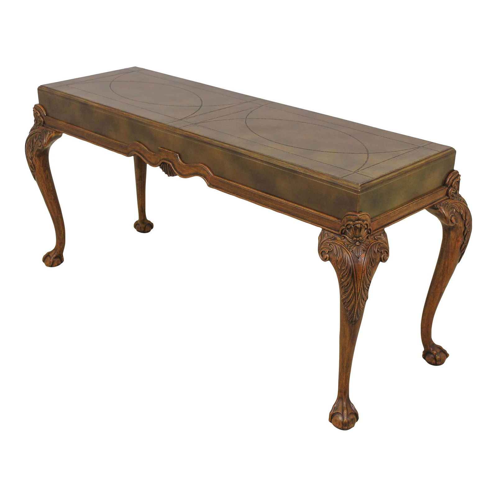 Maitland Smith Chippendale Console Table with Leather Top 60 x 22 x 28: Maitland Smith Chippendale Console Table with Leather Top 60 x 22 x 28 This elegant Maitland Smith console table features a beautifully tooled leather-wrapped top and is designed in the classic Chippe