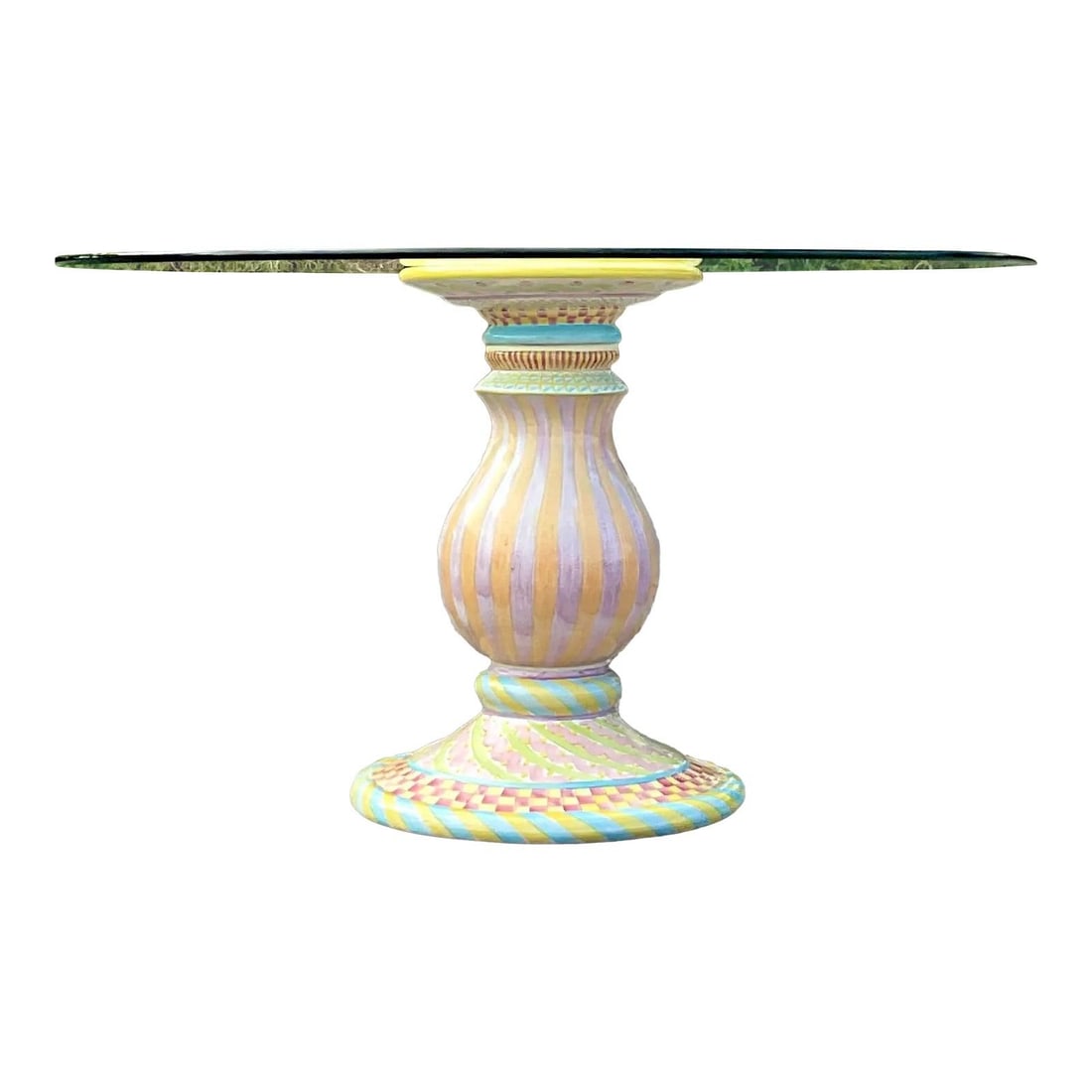 Vintage Boho Hand Painted Terracotta Dining Table 54 x 54 in: Vintage Boho Hand Painted Terracotta Dining Table 54 x 54 in This stunning late 20th century vintage Boho dining table features a hand-painted design on a chic terracotta pedestal. The colorful glazed
