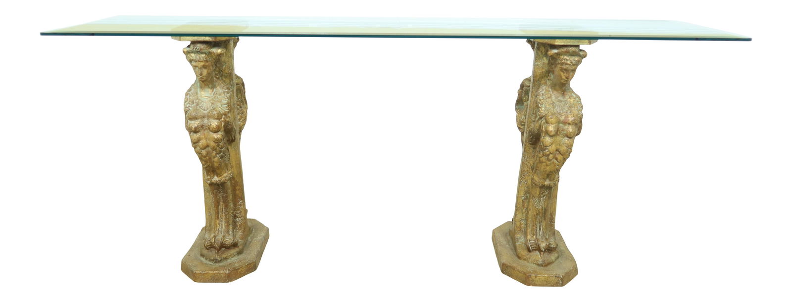 30 Years Old Italian Glass Top Console Table with Gold Finish: 30 Years Old Italian Glass Top Console Table with Gold Finish This exquisite Paolo Marion Italian console or sofa table showcases a stunning combination of craftsmanship and design. Approximately 30 y
