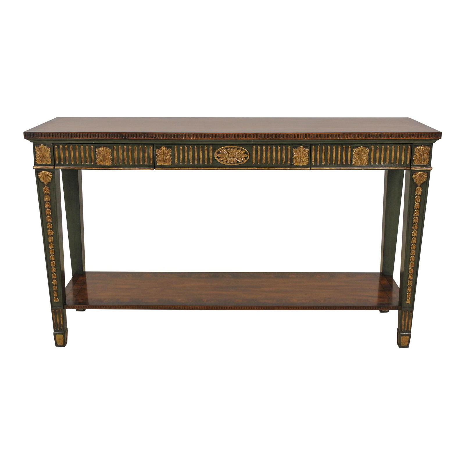 Theodore Alexander Neoclassical Console Table Green Gold Highlights 60.5w x 19d x 35h: Theodore Alexander Neoclassical Console Table Green Gold Highlights 60.5w x 19d x 35h Discover the elegance of this Theodore Alexander Neoclassical Paint Decorated Console Table, featuring a striking