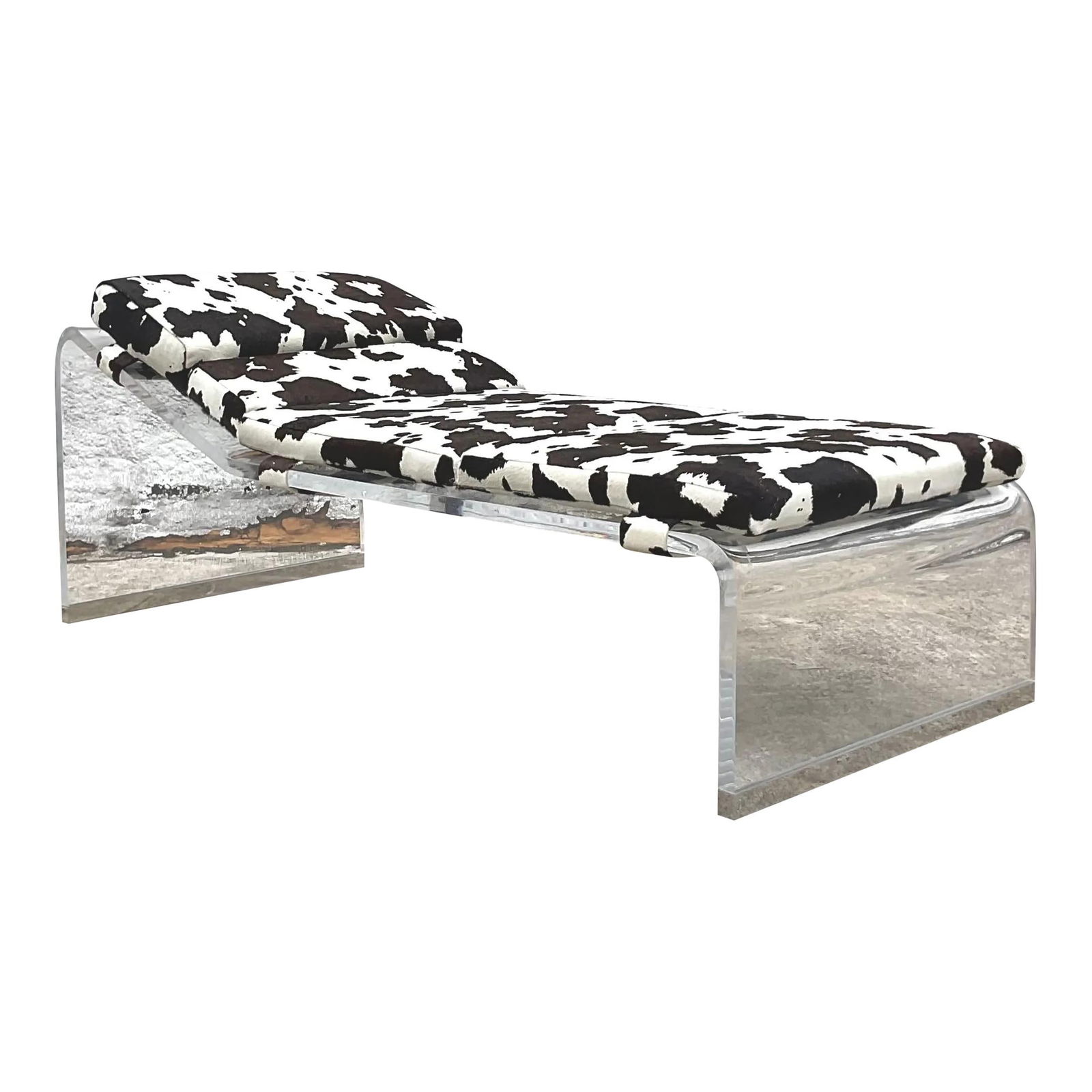 Vintage Boho Slab Lucite Chaise Lounge with Pony Skin Cushion 48 x 32 x 30: Vintage Boho Slab Lucite Chaise Lounge with Pony Skin Cushion 48 x 32 x 30 A fantastic vintage Boho chaise lounge. A chic molded slab lucite with polished chrome end caps. A custom pony skin cushion w