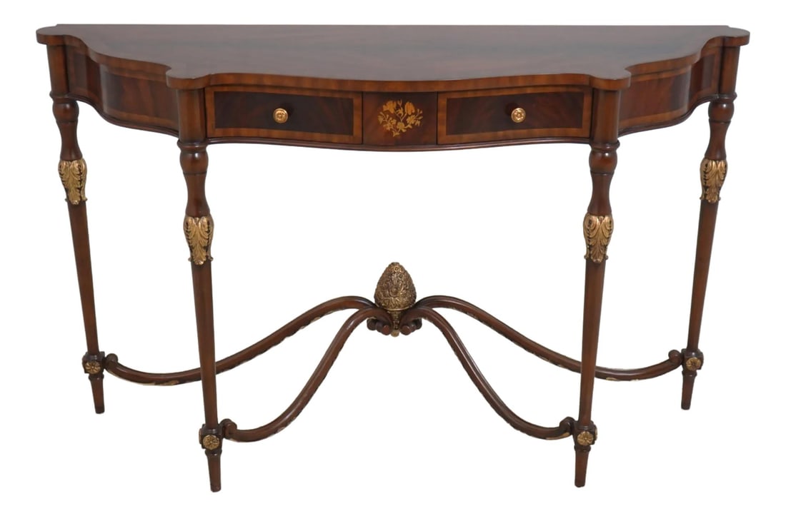 Maitland Smith Model 8128-34 Inlaid Mahogany Console Table 53x15x32: Maitland Smith Model 8128-34 Inlaid Mahogany Console Table 53x15x32 This exquisite Maitland Smith console table features a beautifully inlaid design crafted from rich mahogany, showcasing elegant gold