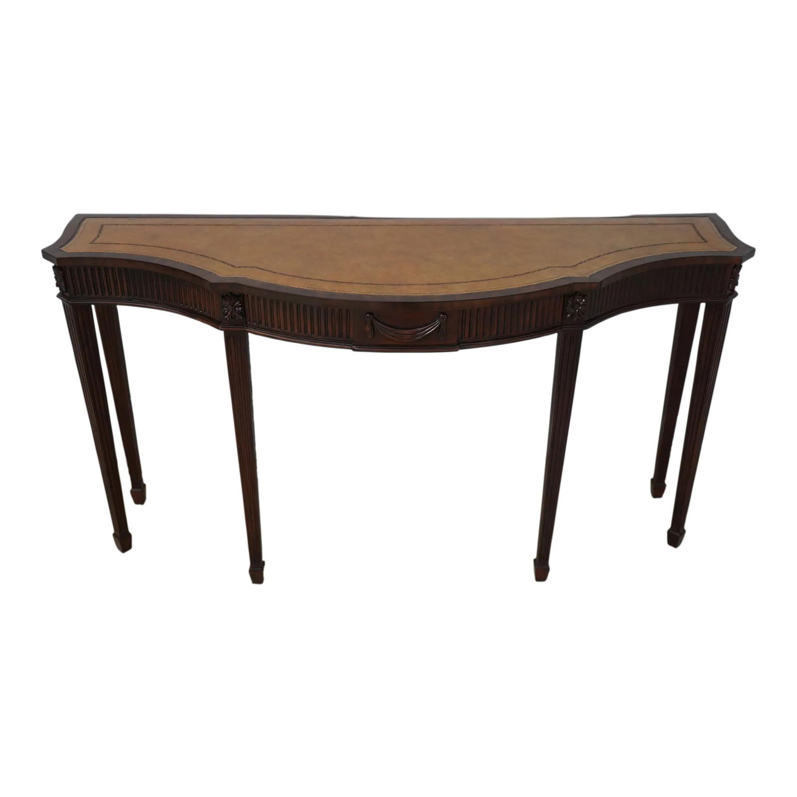 Maitland Smith Federal Style Mahogany Console Table 60x20x32: Maitland Smith Federal Style Mahogany Console Table 60x20x32 This elegant Maitland Smith console table features a luxurious tooled leather top and is constructed from high-quality mahogany, embodying