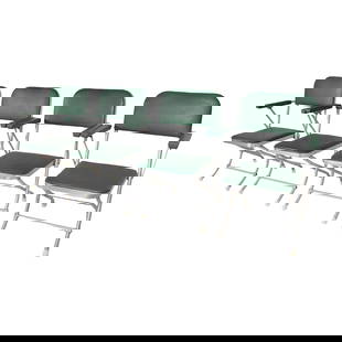 Warren MacArthur Set of 4 Art Deco Folding Lounge Chairs Green Vinyl: Warren MacArthur Set of 4 Art Deco Folding Lounge Chairs Green Vinyl This chic set of four folding lounge chairs designed by Warren MacArthur showcases a stylish blend of Art Deco aesthetics and funct