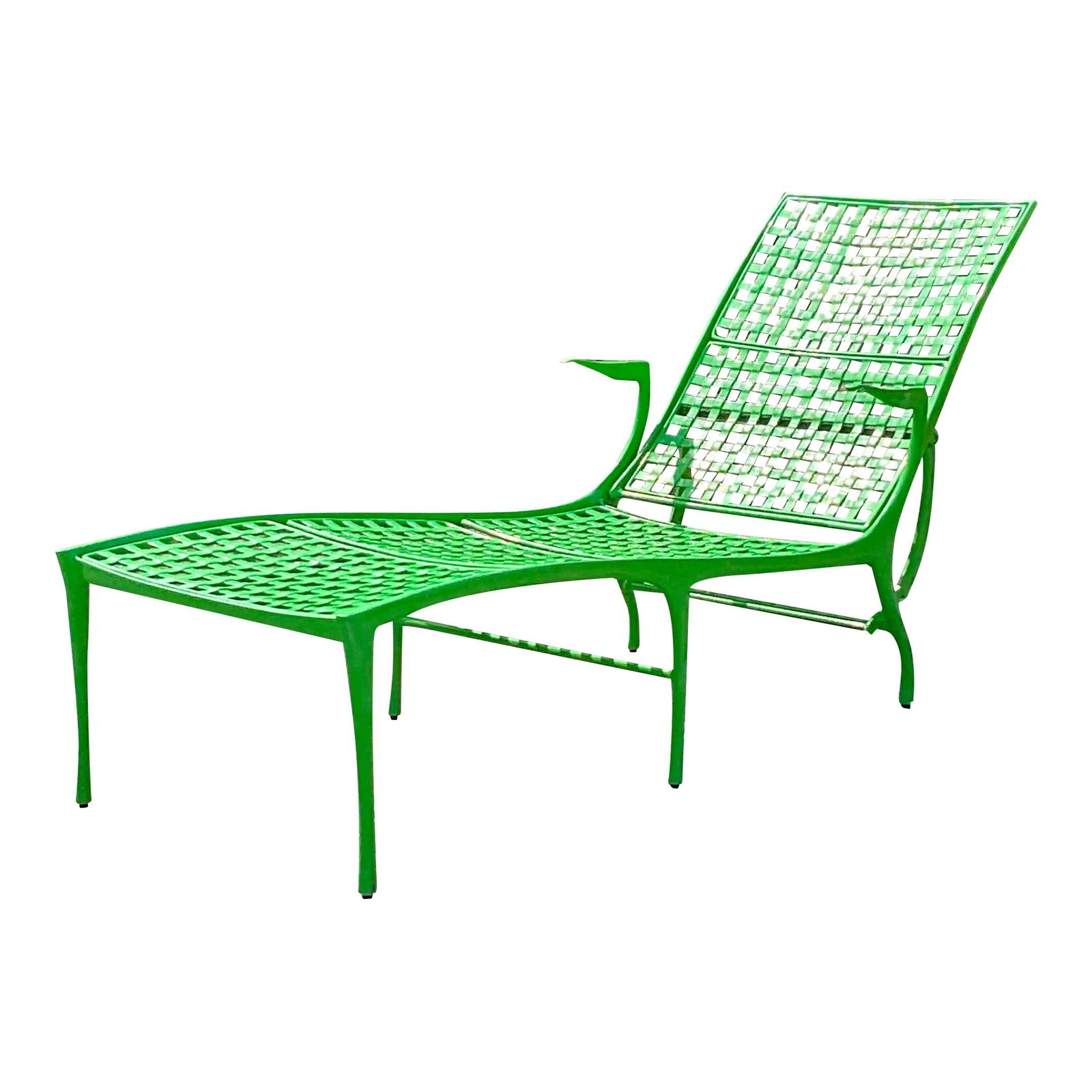 Vintage Boho Green Dan Johnson Chaise Lounge by Brown Jordan: Vintage Boho Green Dan Johnson Chaise Lounge by Brown Jordan Experience the timeless elegance of the Vintage Boho Dan Johnson Chaise Lounge for Brown Jordan, an iconic American design that combines Bo