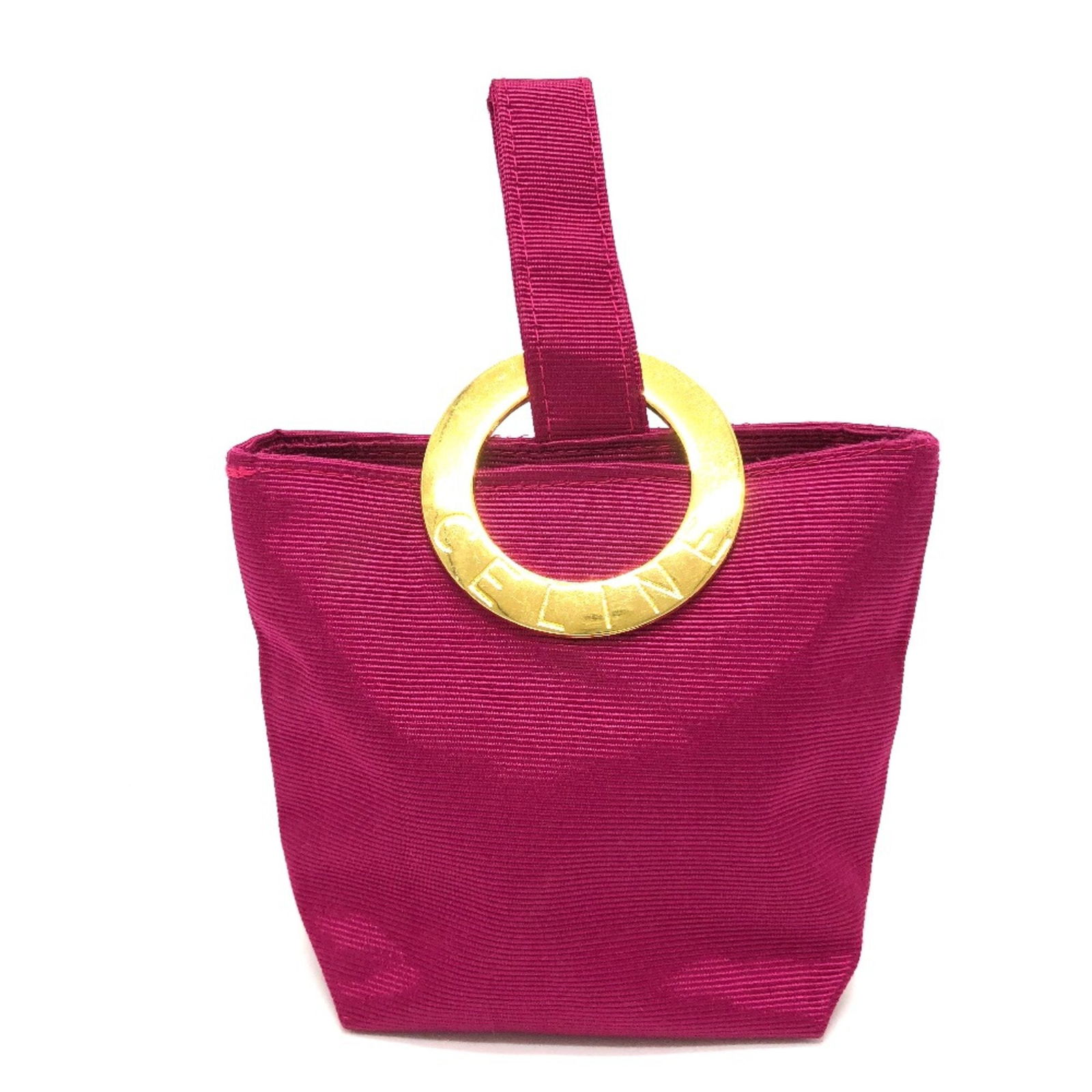 Celine Pink Circle Logo Cosmetics Pouch with Gold Hardware: Celine Pink Circle Logo Cosmetics Pouch with Gold Hardware This Celine Circle Logo Bag Cosmetics Pouch is a stylish accessory designed for women. Crafted from durable cloth, it features a chic pink co