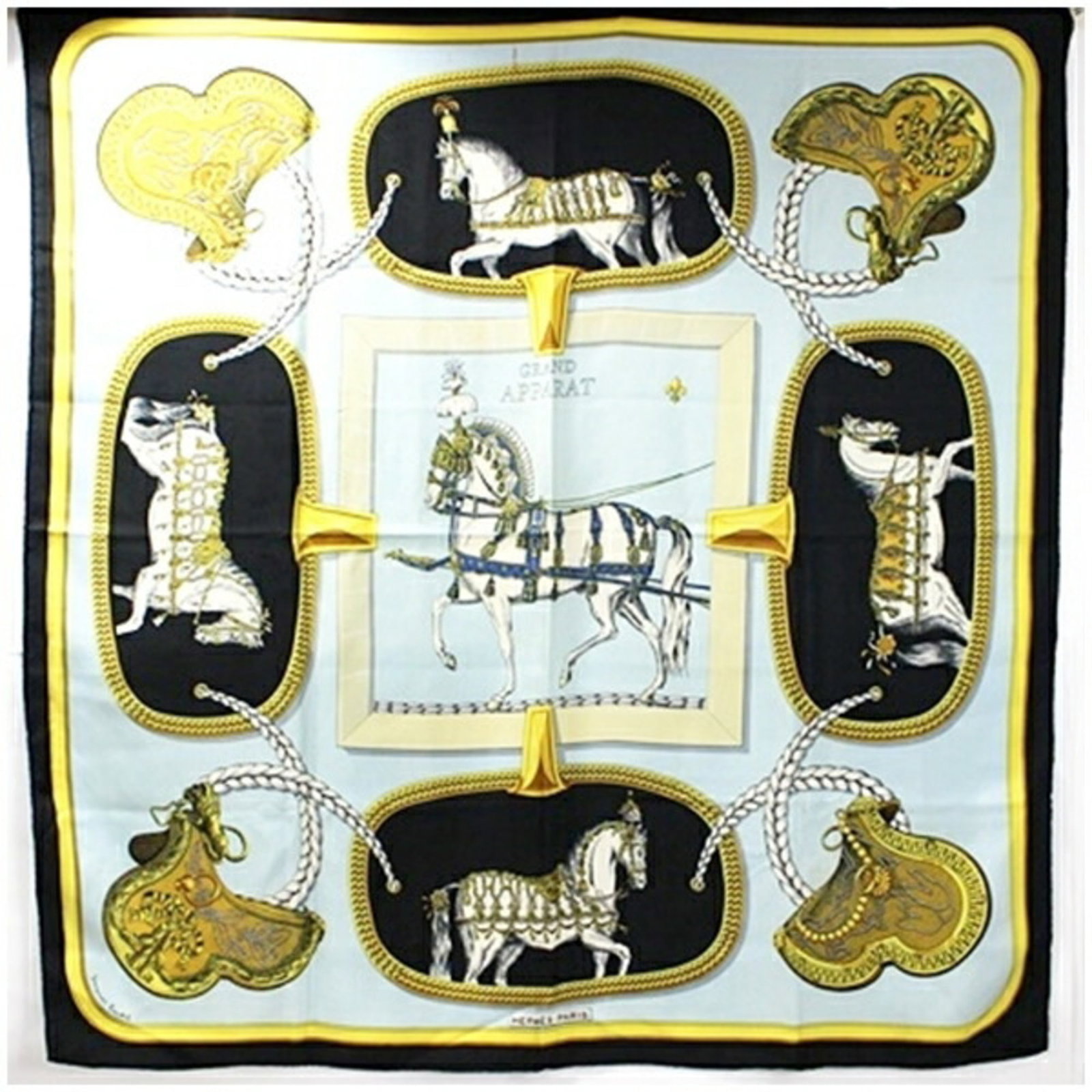 Hermes Grand Apparat Silk Scarf 90cm Dressed Horse Unisex: Hermes Grand Apparat Silk Scarf 90cm Dressed Horse Unisex Elevate your style with this exquisite Hermes Silk Scarf Muffler, featuring the stunning 'Grand Apparat' design that showcases beautifully dre
