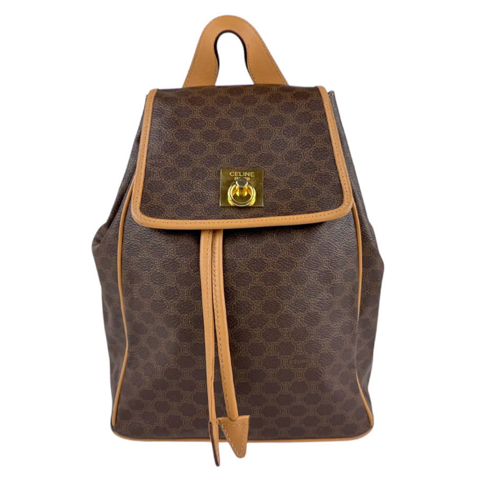 Celine Macadam Brown PVC Backpack for Women with Gold Accents: Celine Macadam Brown PVC Backpack for Women with Gold Accents This stylish CELINE backpack is crafted from durable PVC and features a stunning brown color with gold accents. Designed specifically for