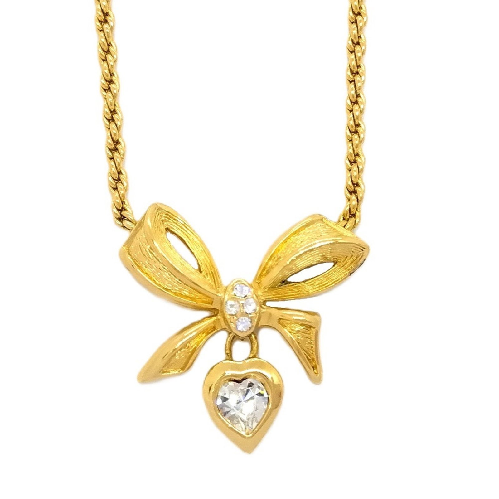 Christian Dior Gold Ribbon Necklace with Heart Pendant: Christian Dior Gold Ribbon Necklace with Heart Pendant This exquisite Christian Dior necklace features a beautiful gold ribbon design adorned with a charming stone heart pendant. Crafted for women, it