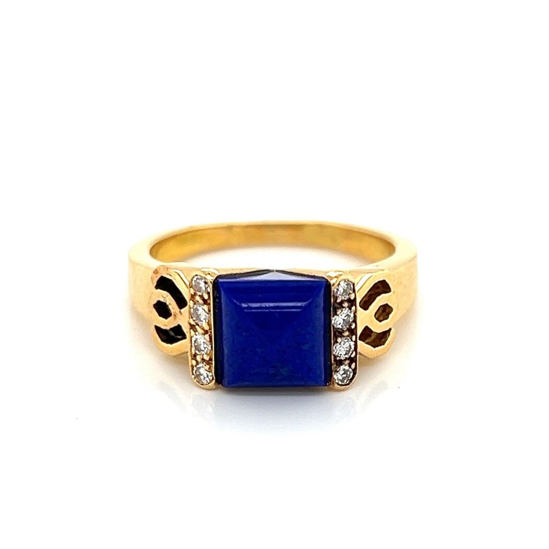 Morabito 18k Yellow Gold Ring with Lapis Lazuli and Diamonds Size 5.5: Morabito 18k Yellow Gold Ring with Lapis Lazuli and Diamonds Size 5.5 Experience the elegance of this vintage authentic Morabito ring, crafted from luxurious 18k yellow gold. This exquisite piece feat