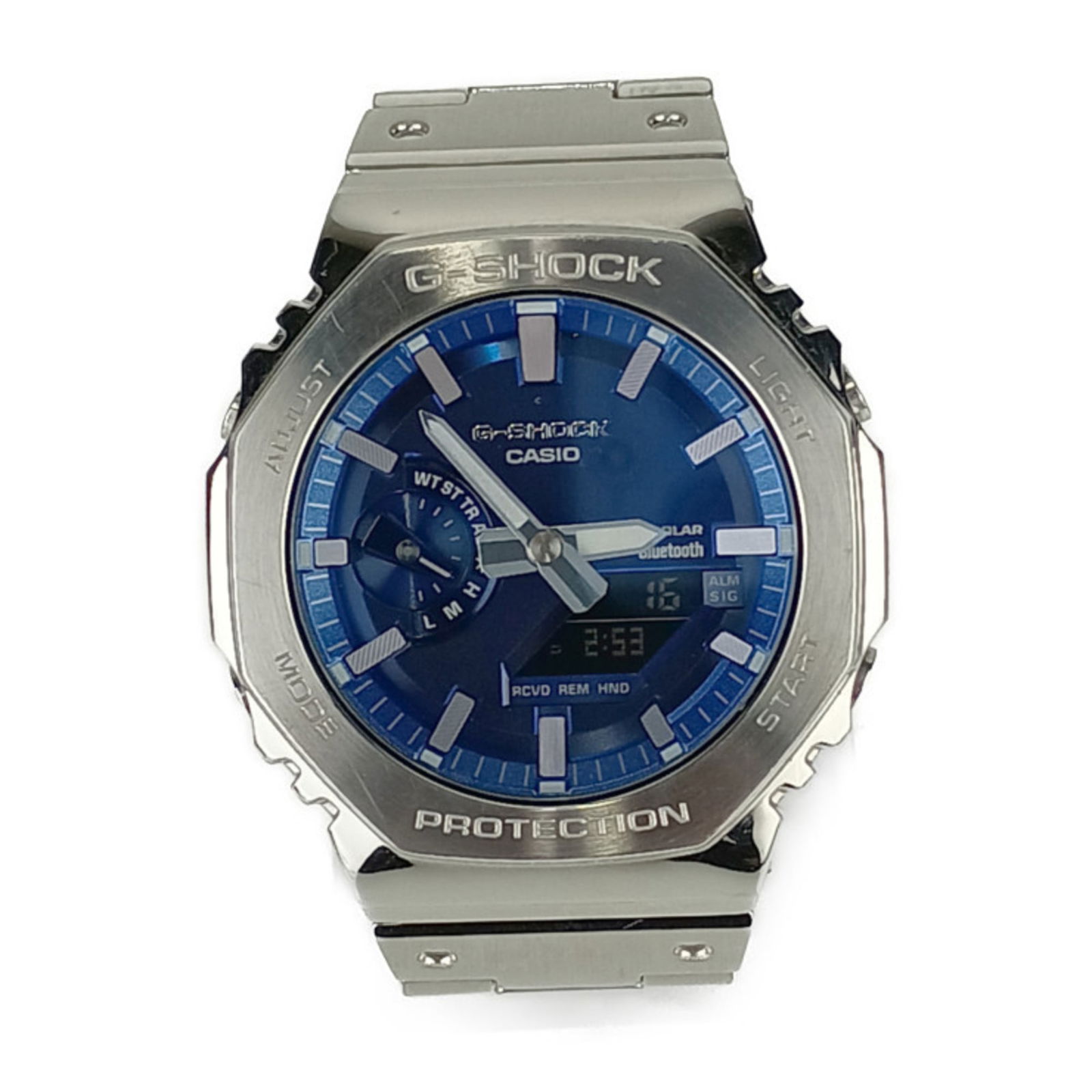 CASIO G-SHOCK GM-B2100AD-2AJF Men's Solar Bluetooth Stainless Steel Watch: CASIO G-SHOCK GM-B2100AD-2AJF Men's Solar Bluetooth Stainless Steel Watch This CASIO G-SHOCK GM-B2100AD-2AJF Men's Watch combines a sleek silver and blue design with robust functionality. Made from du