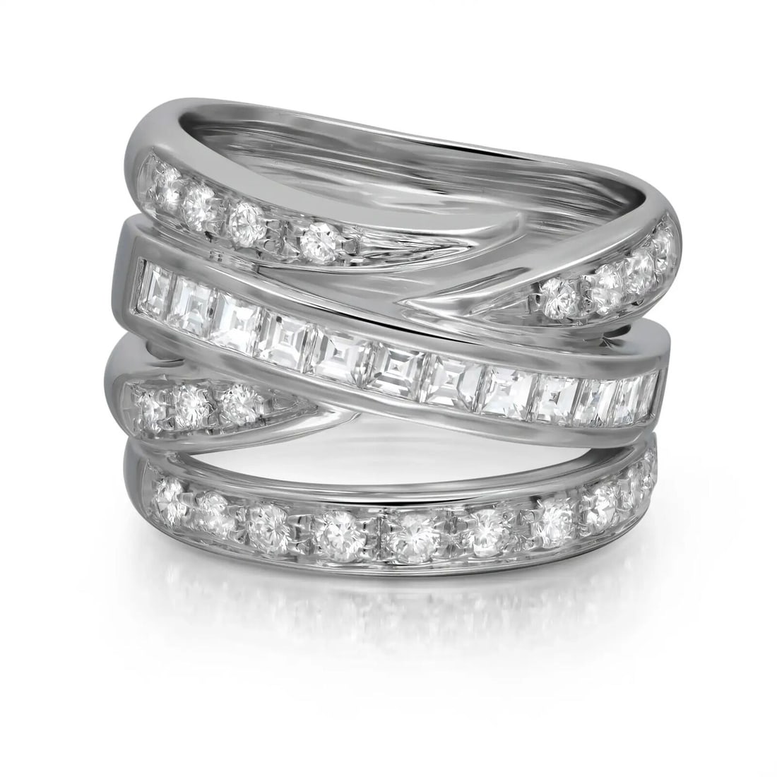 Alfieri St. John 18K White Gold Diamond Band Ring 1.25Ctw: Alfieri St. John 18K White Gold Diamond Band Ring 1.25Ctw This exquisite band ring features a stunning arrangement of princess and round cut diamonds, elegantly set in 18K white gold. With a total car