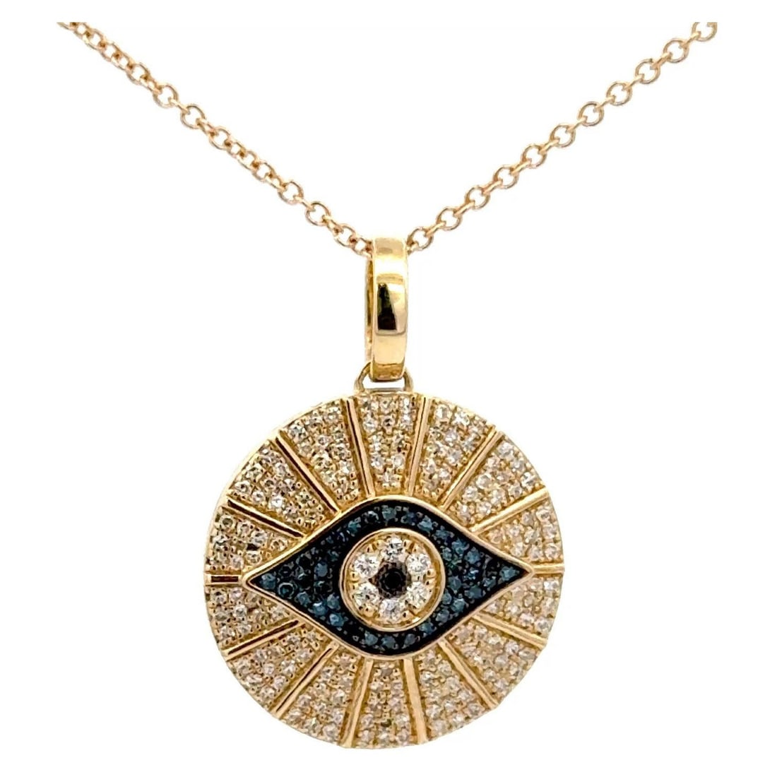 Evil Eye Charm Pendant 14K Yellow Gold with Diamonds and Sapphires: Diamond Sapphire Evil Eye Disc Charm Pendant 0.53 Carats 14 Karat Yellow Gold Metal: 14k Gold, Yellow Gold Stone: Diamond, Sapphire Stone Cut: Round Cut Weight: 2.9 g Dimensions: Diameter: 0.78 in (19