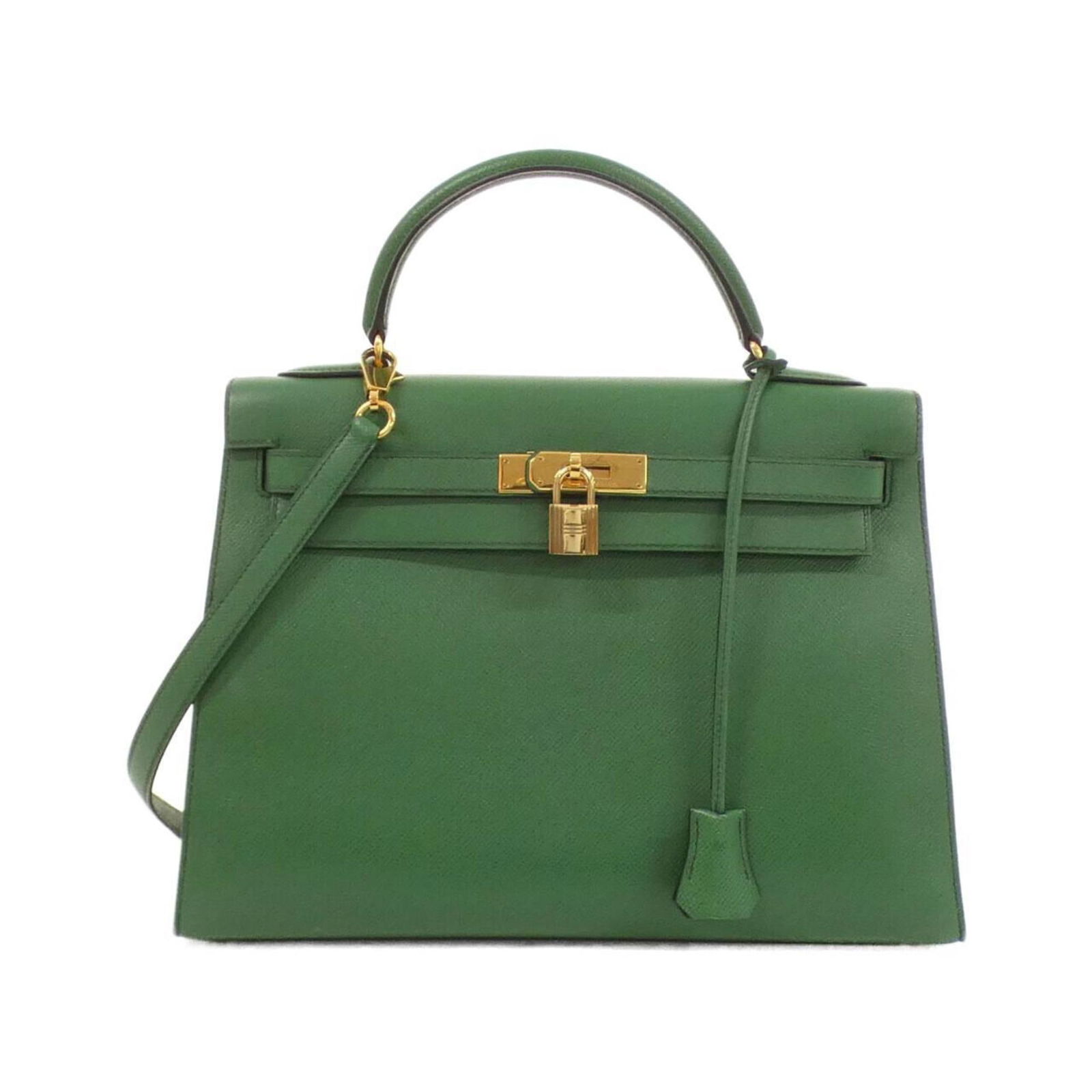 Hermes Kelly Handbag 32cm Courchevel Leather Green Gold Hardware: Hermes Kelly Handbag 32cm Courchevel Leather Green Gold Hardware This exquisite Hermes Kelly handbag is crafted from luxurious Courchevel leather in a stunning green hue, complemented by gold hardware