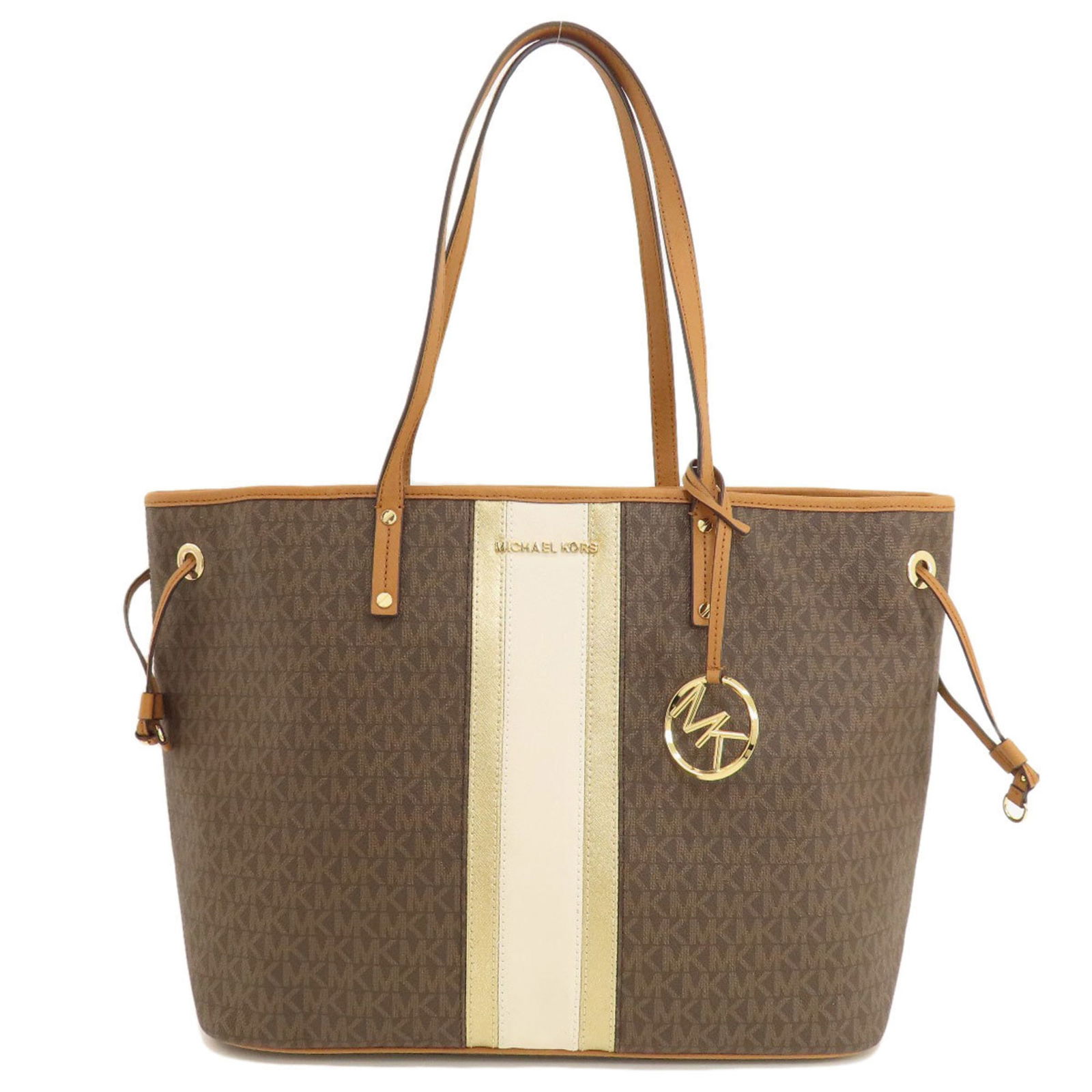 Michael Kors MK Signature Brown Leather Coated Canvas Tote Bag for Women: Michael Kors MK Signature Brown Leather Coated Canvas Tote Bag for Women The Michael Kors MK Signature Tote Bag is a stylish accessory designed for women, crafted from leather coated canvas in an eleg