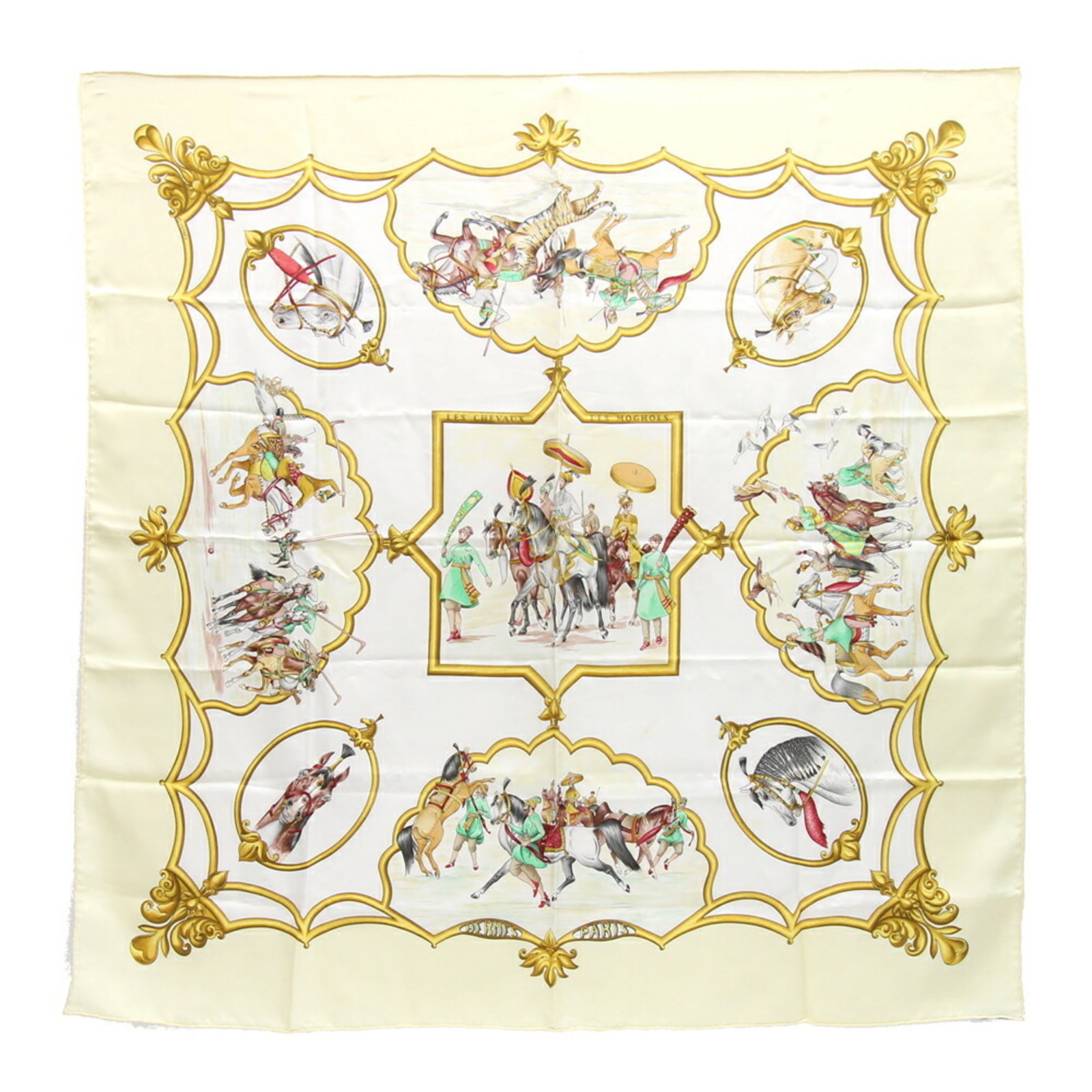 Hermes Les Chevaux des Moghols Silk Scarf 90cm Cream Ivory Women's Fashion: Hermes Les Chevaux des Moghols Silk Scarf 90cm Cream Ivory Women's Fashion This exquisite Hermes scarf features the stunning 'Les Chevaux des Moghols' design, showcasing Mughal horses in an elegant cr