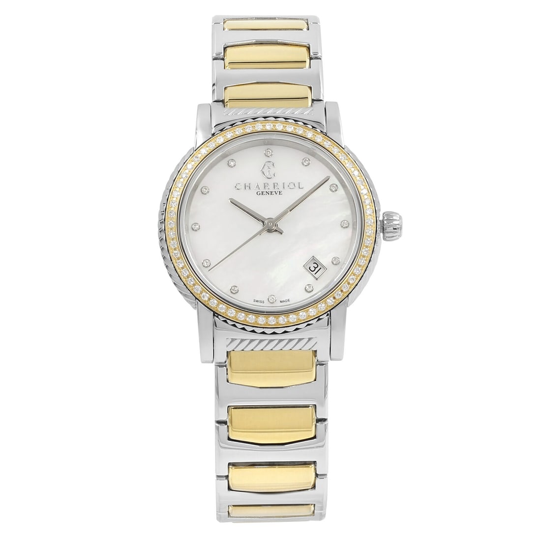 Charriol Parisii P33SY2D Quartz Two-Tone Watch with Diamond Markers: Charriol Parisii P33SY2D Quartz Two-Tone Watch with Diamond Markers This elegant Charriol Parisii ladies watch features a stunning Mother of Pearl dial adorned with diamond markers, exuding sophistica