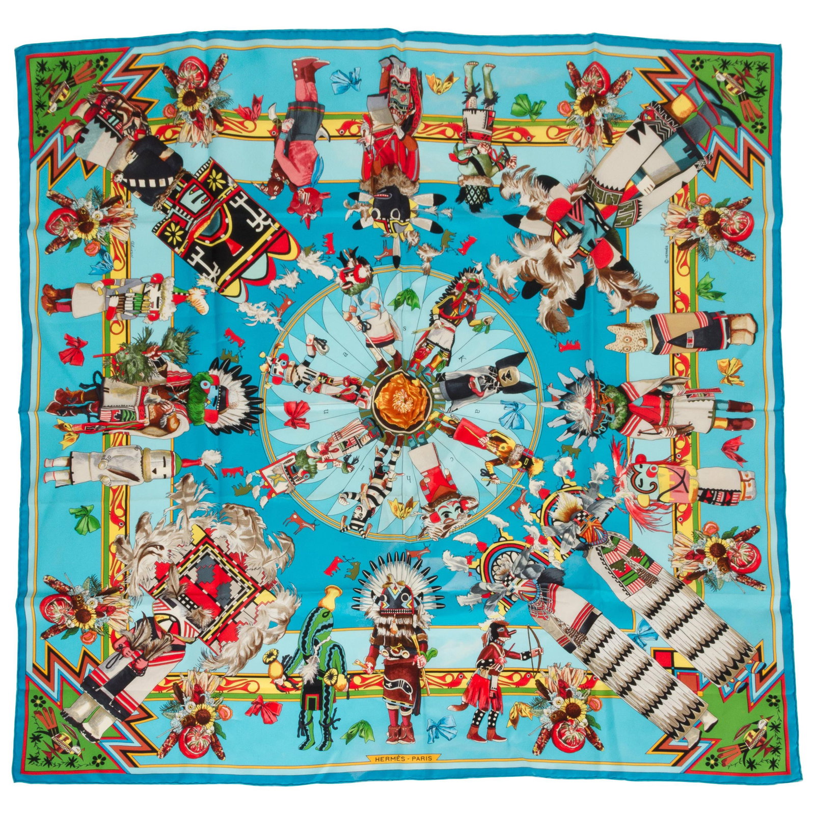 Hermes Kachinas Silk Scarf 35in Turquoise by Kermit Oliver: Hermes Kachinas Silk Scarf 35in Turquoise by Kermit Oliver Elevate your accessory collection with this stunning Hermes Kachinas silk scarf in a vibrant turquoise hue. Designed by renowned artist Kermi