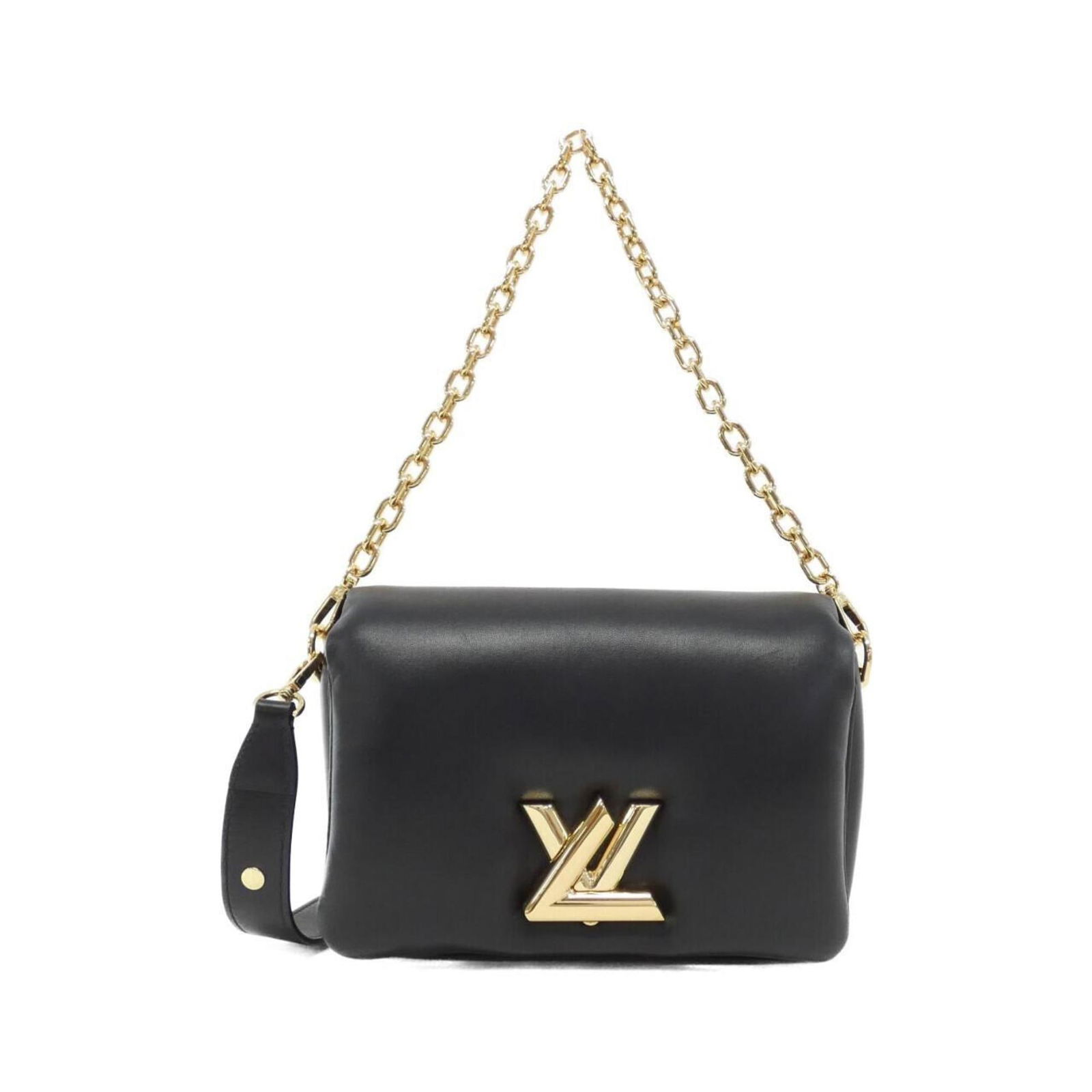Louis Vuitton Twist MM M22785 Black Lambskin Shoulder Bag with Gold Hardware: Louis Vuitton Twist MM M22785 Black Lambskin Shoulder Bag with Gold Hardware Introducing the Louis Vuitton Twist MM M22785 Shoulder Bag, a sophisticated accessory crafted from premium lambskin leather