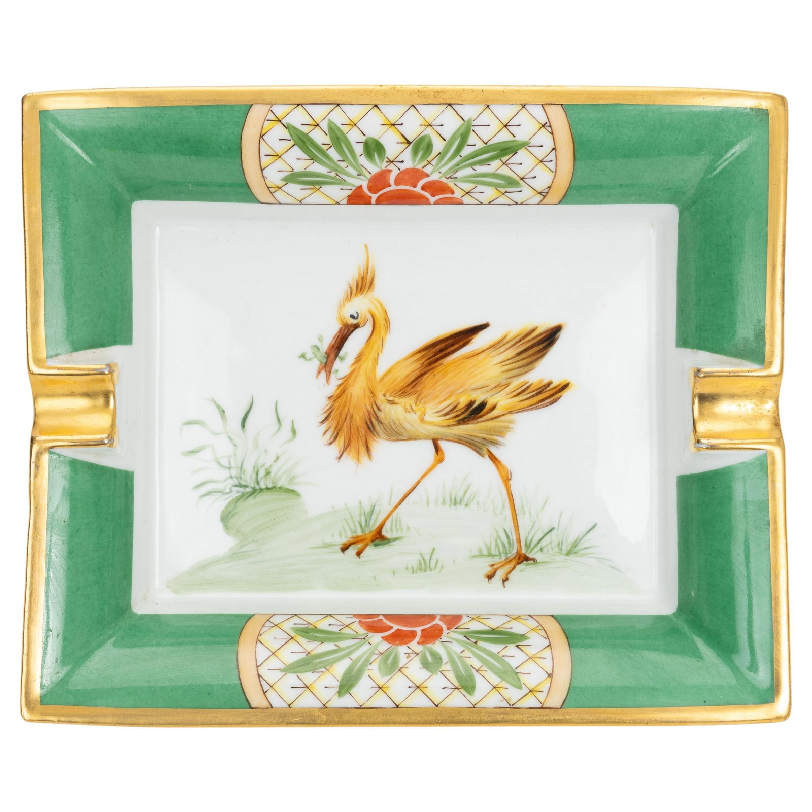 Hermes Green Gold Bird Porcelain Ashtray 21st Century France: Hermes Green Gold Bird Porcelain Ashtray 21st Century France This exquisite porcelain ashtray from Hermes showcases a beautiful bird design in vibrant green, elegantly complemented by gold leaf accent