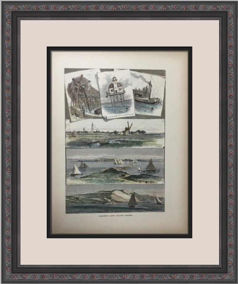 Hand Colored Eastern Long Island Etching Custom Framed 18 x 15: Hand Colored Eastern Long Island Etching Custom Framed 18 x 15 This exquisite original etching captures the charm of Eastern Long Island scenes from the 1800s to 1900s. The hand-colored artwork measur