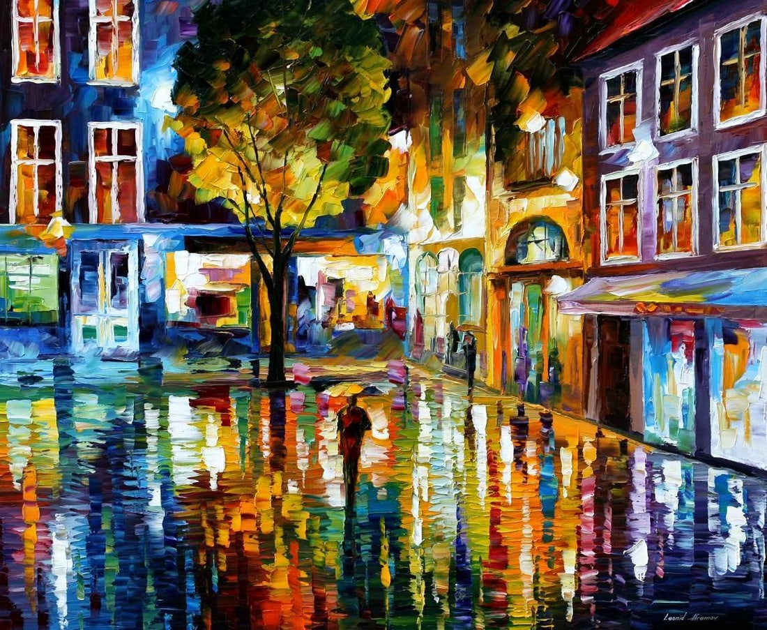 Strip Mall by Leonid Afremov Limited Edition Giclee 91x110 cm: Strip Mall by Leonid Afremov Limited Edition Giclee 91x110 cm Experience the vibrant artistry of Leonid Afremov with "Strip Mall," a limited edition giclee hand-painted artwork. This piece is part of