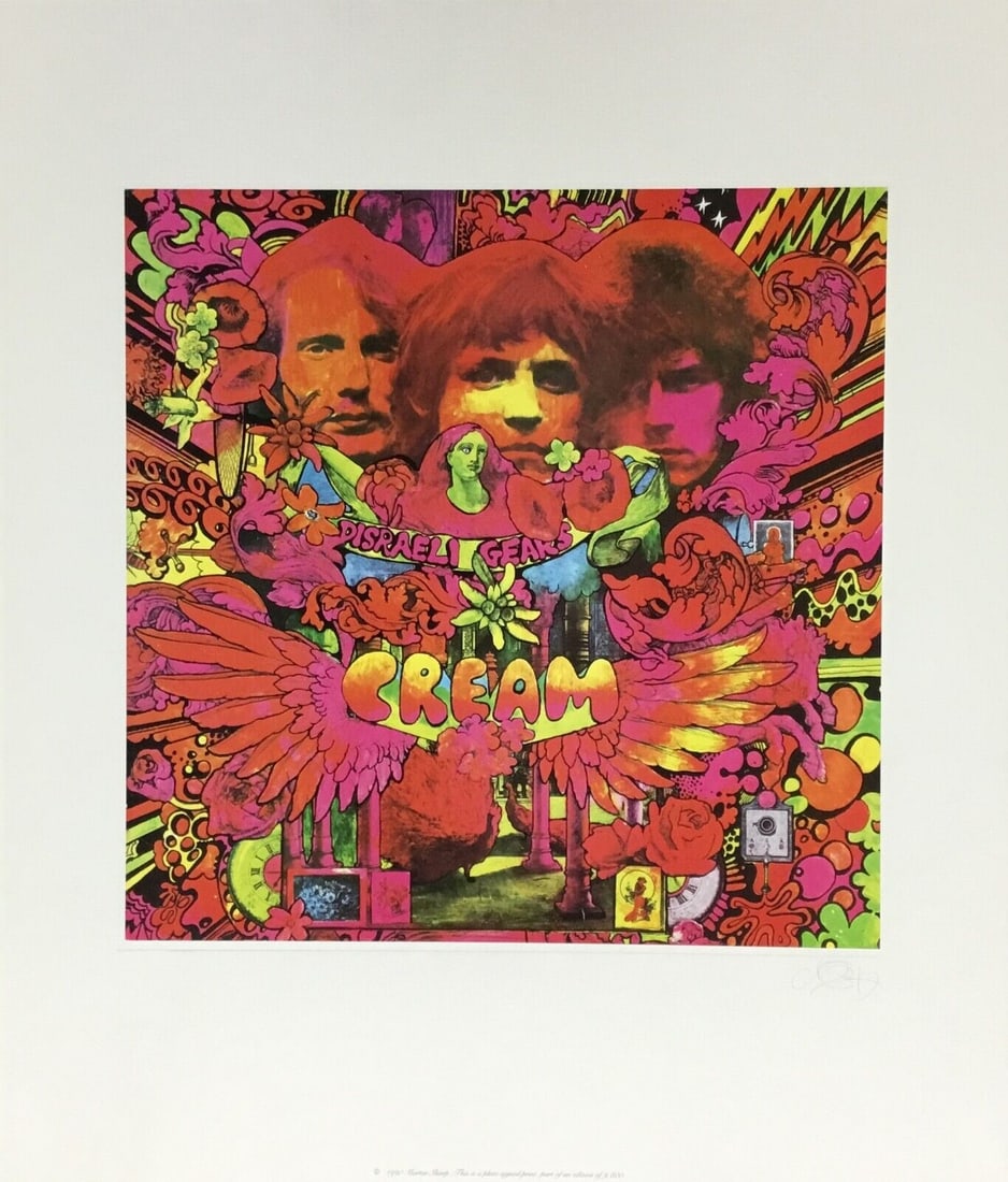 Cream Disraeli Gears Album Cover Art by Martin Sharp 27 x 23 Offset Lithograph: Cream Disraeli Gears Album Cover Art by Martin Sharp 27 x 23 Offset Lithograph This stunning album cover art features the iconic work from the band Cream, specifically the album 'Disraeli Gears'. Crea