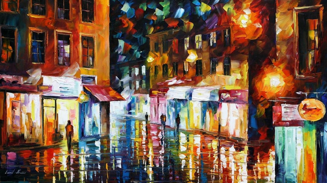 Shopping District Limited Edition 1/25 by Leonid Afremov Canvas Art 76x137 cm: Shopping District Limited Edition 1/25 by Leonid Afremov Canvas Art 76x137 cm Introducing a remarkable limited edition giclee artwork titled "Shopping District" by Leonid Afremov. This exquisite piece