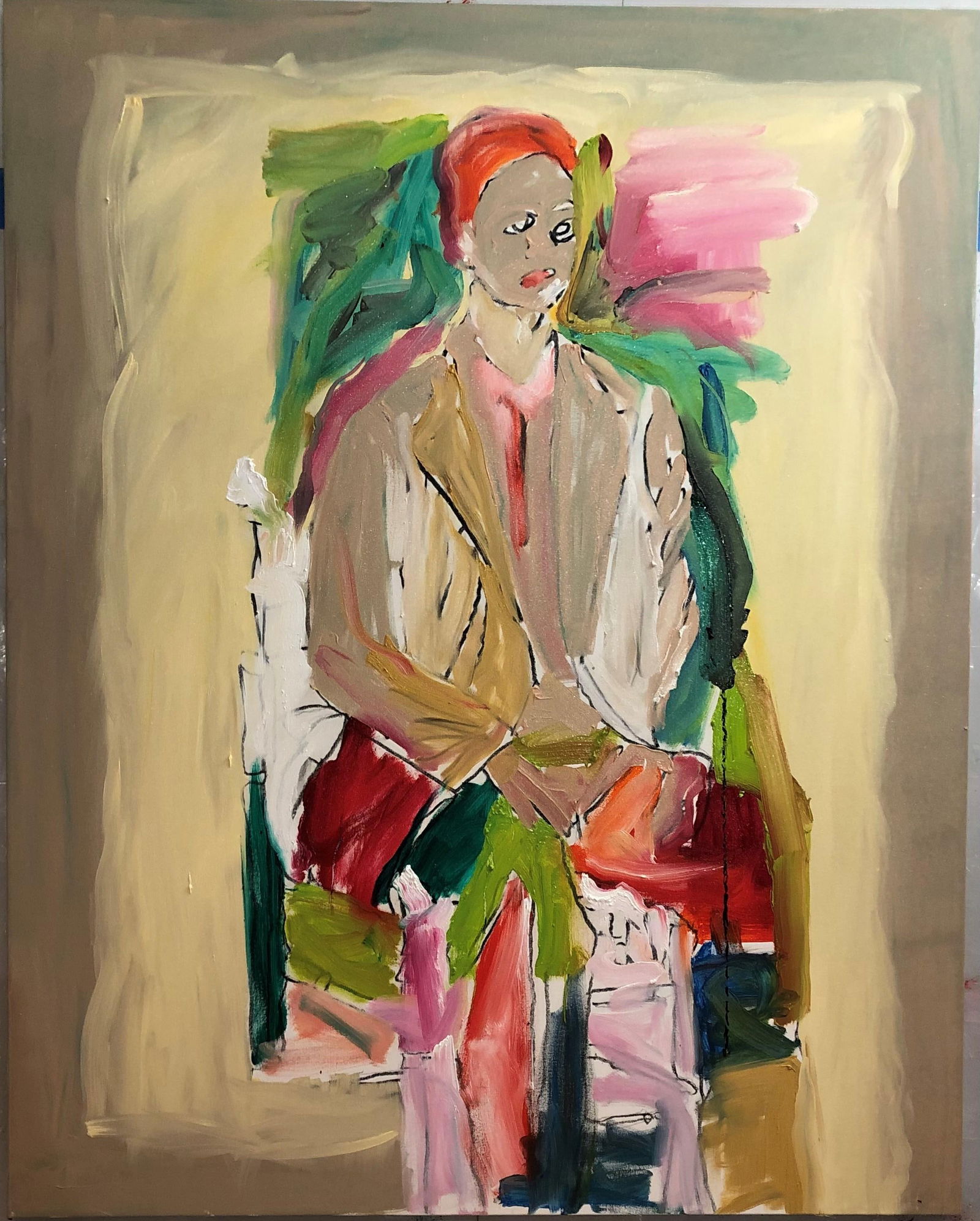 Yoram Katz 2024 Impressionist Oil Painting Sitting Alone 60 x 48 in: Yoram Katz 2024 Impressionist Oil Painting Sitting Alone 60 x 48 in "Sitting Alone" is a striking figurative oil painting by Yoram Katz, measuring 60 x 48 inches. Created in 2024, this piece showcases