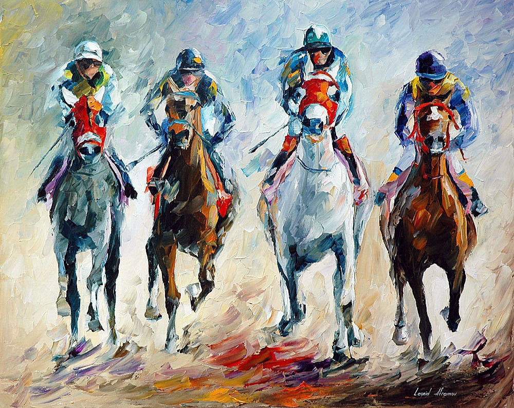 Leonid Afremov Horse Racing Limited Edition Giclee 1/25 Canvas 91x114cm: Leonid Afremov Horse Racing Limited Edition Giclee 1/25 Canvas 91x114cm This remarkable limited edition giclee titled 'Horse Racing' by renowned artist Leonid Afremov is a hand-painted piece from a sm