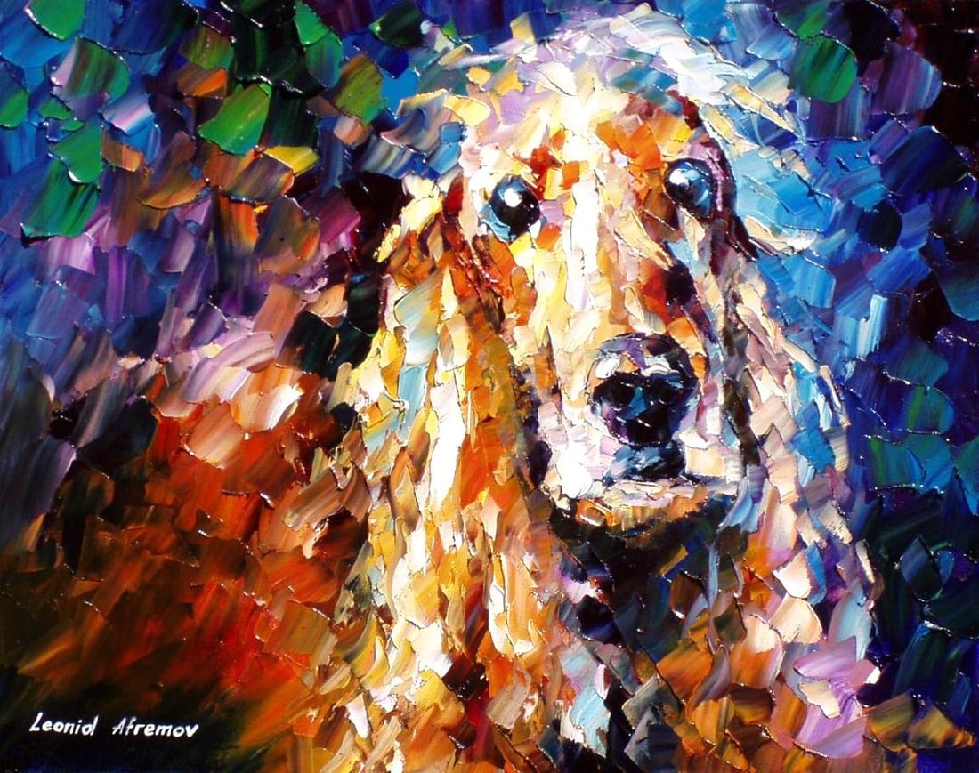 Dog 5 Limited Edition 1/25 Giclee by Leonid Afremov Canvas 91x114cm: Dog 5 Limited Edition 1/25 Giclee by Leonid Afremov Canvas 91x114cm Dog 5 is a captivating limited edition giclee artwork by renowned artist Leonid Afremov, featuring a hand-painted design that beauti